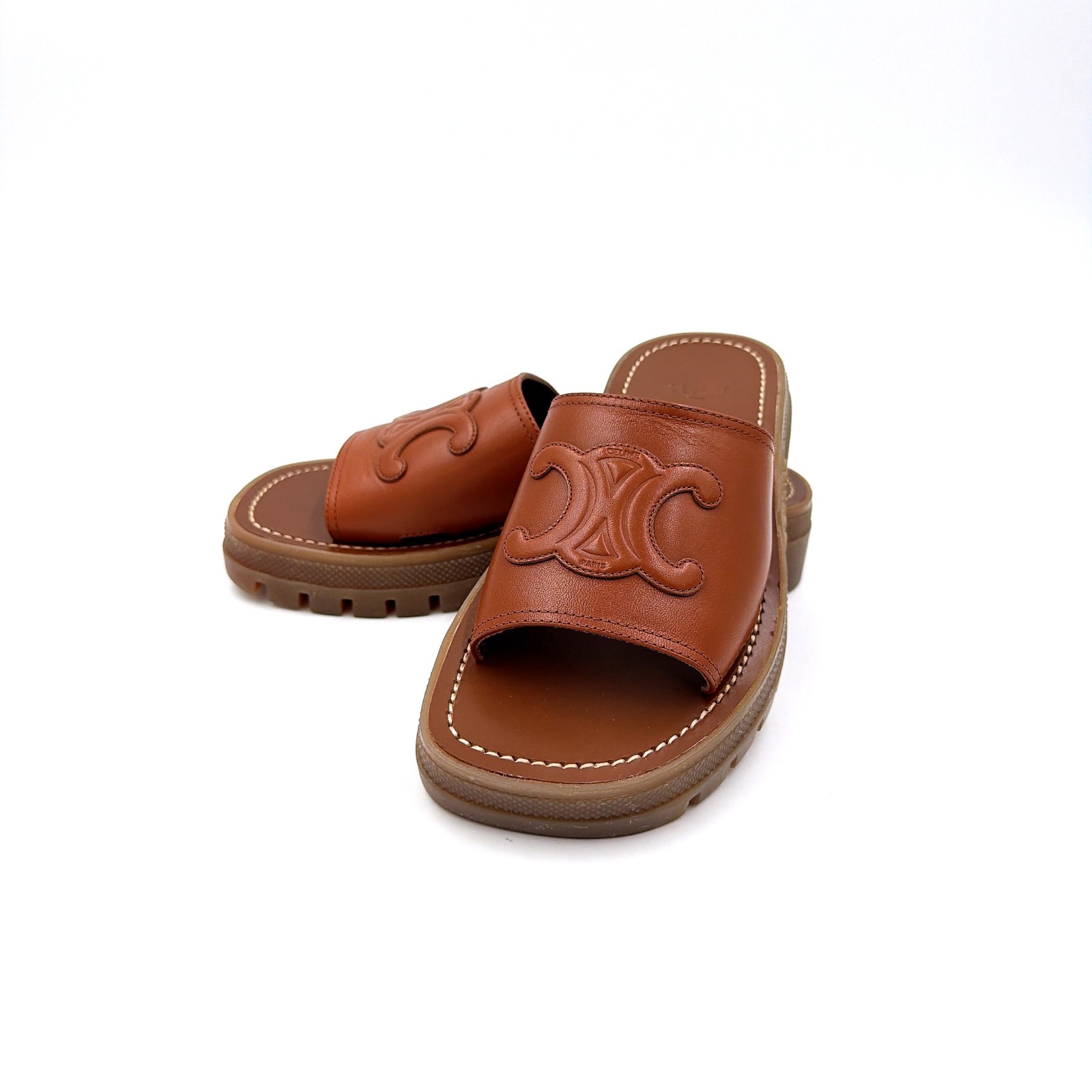 Celine Triomphe Claire Leather Slide Sandals Brown EU 34 Logo Embossed Italy