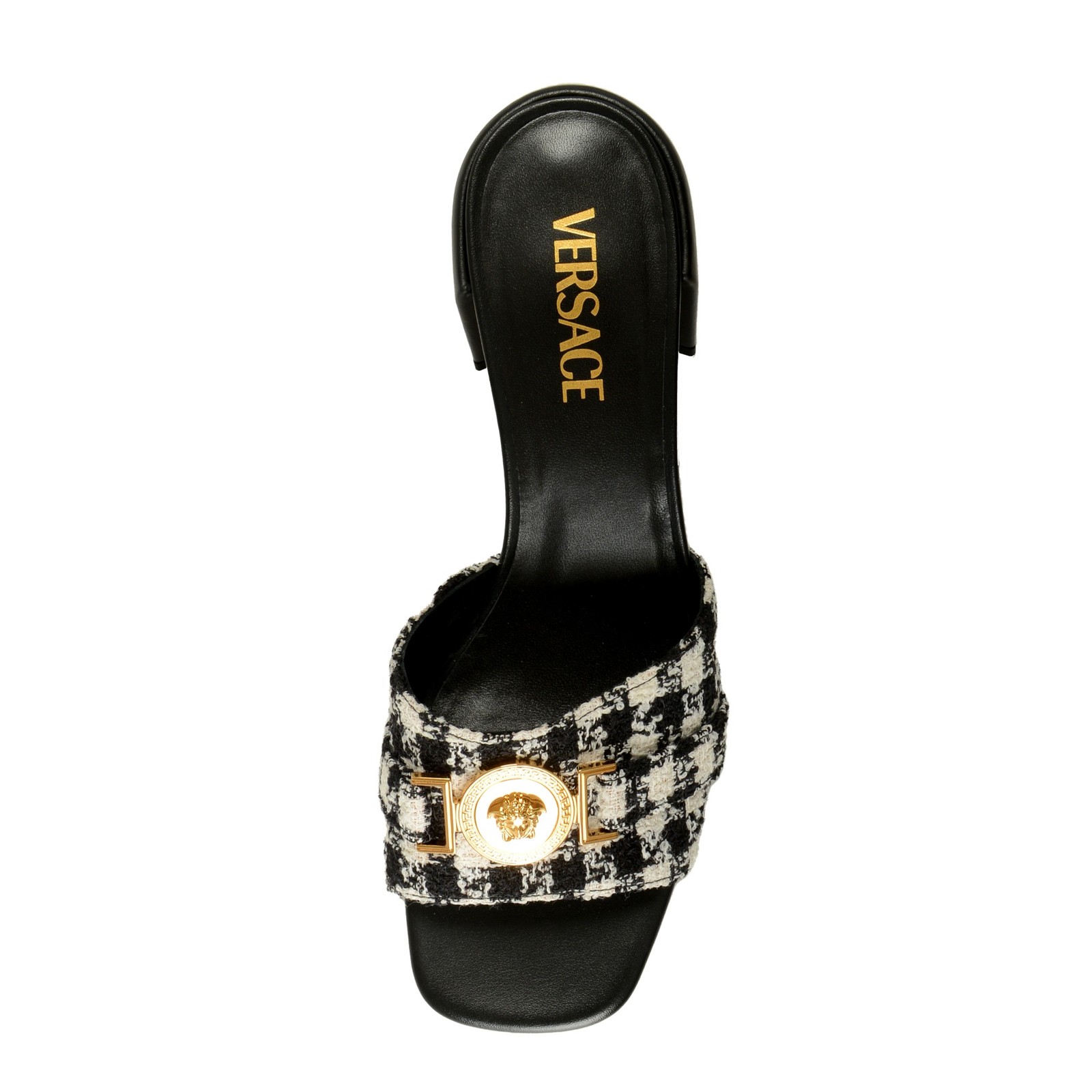 Versace Women’s Check Gold Medusa Heeled Sandals Mules Shoes US 6 IT 36