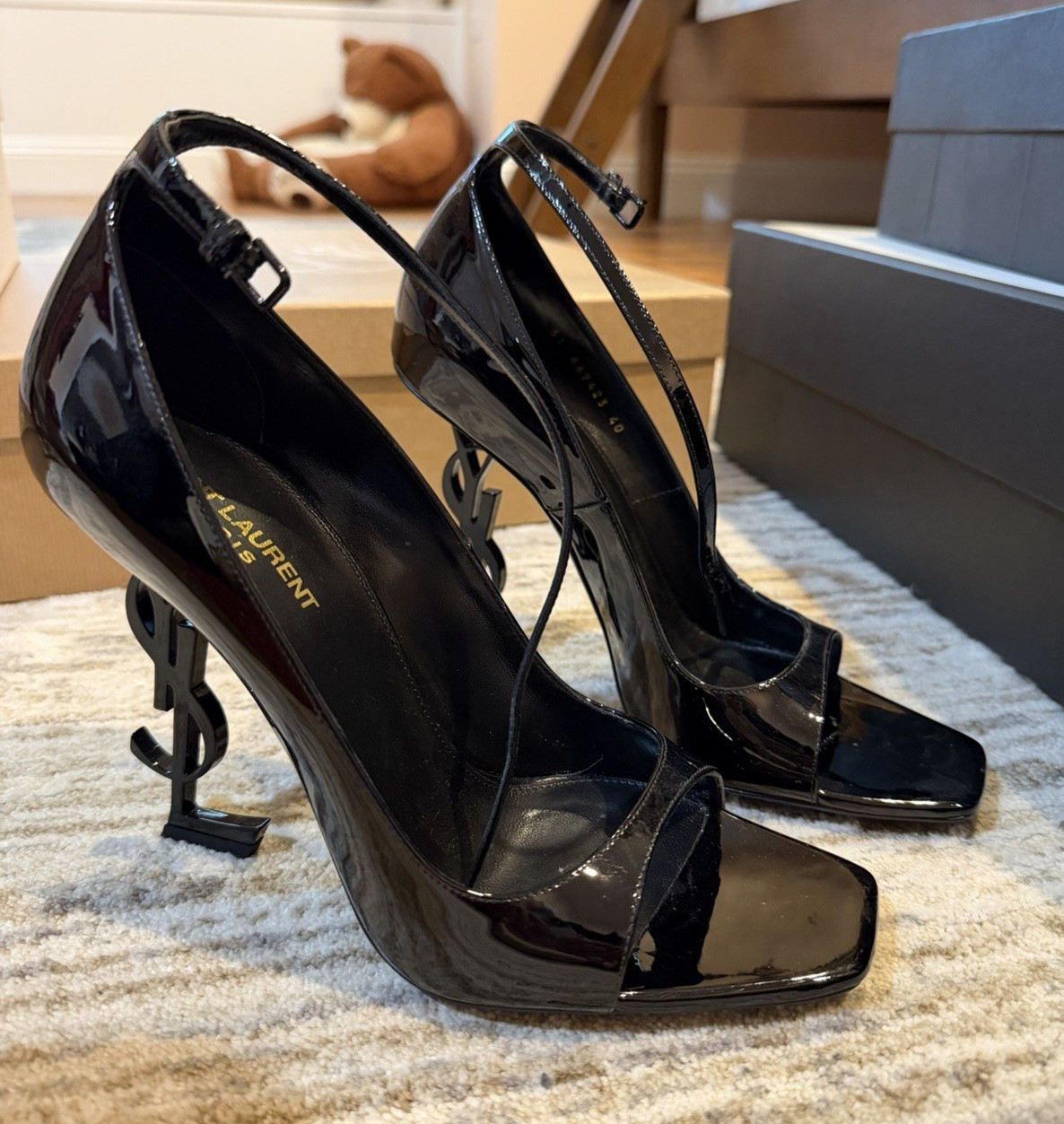 Saint Laurent Black Patent Leather Square Toe Ankle Strap Heels, Size 40