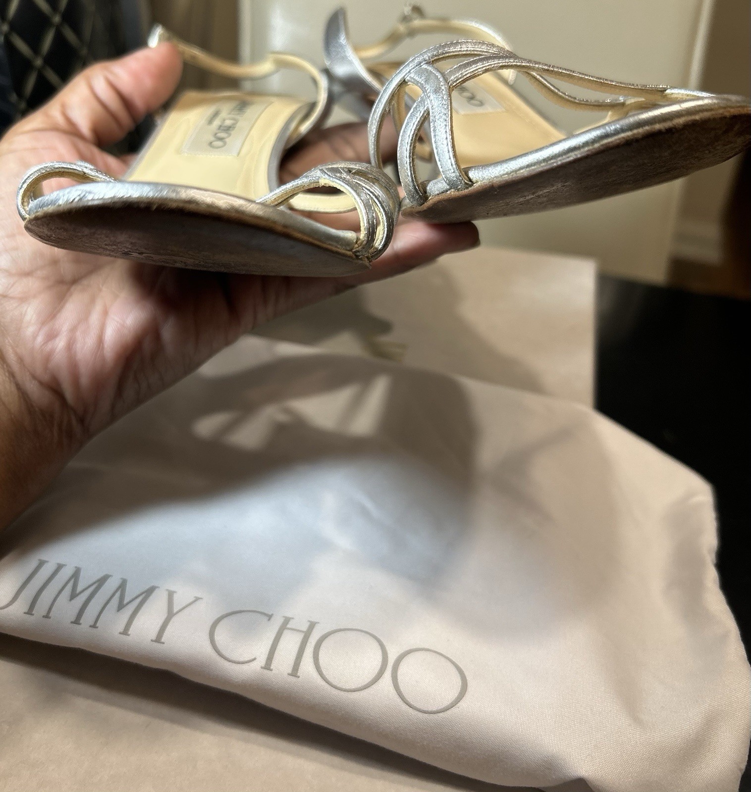 Jimmy Choo Silver Leather Strappy Open Toe Buckle Stiletto Heel Women 8.5
