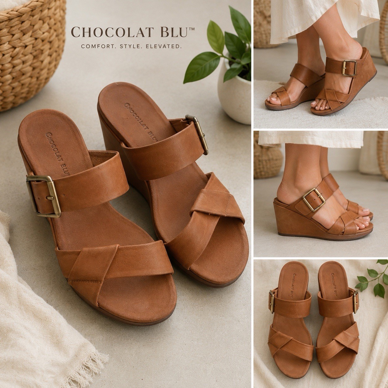 Chocolat Blu Leather Wedge Slide Sandals Brown Buckle Comfort Women’s Size 7.5