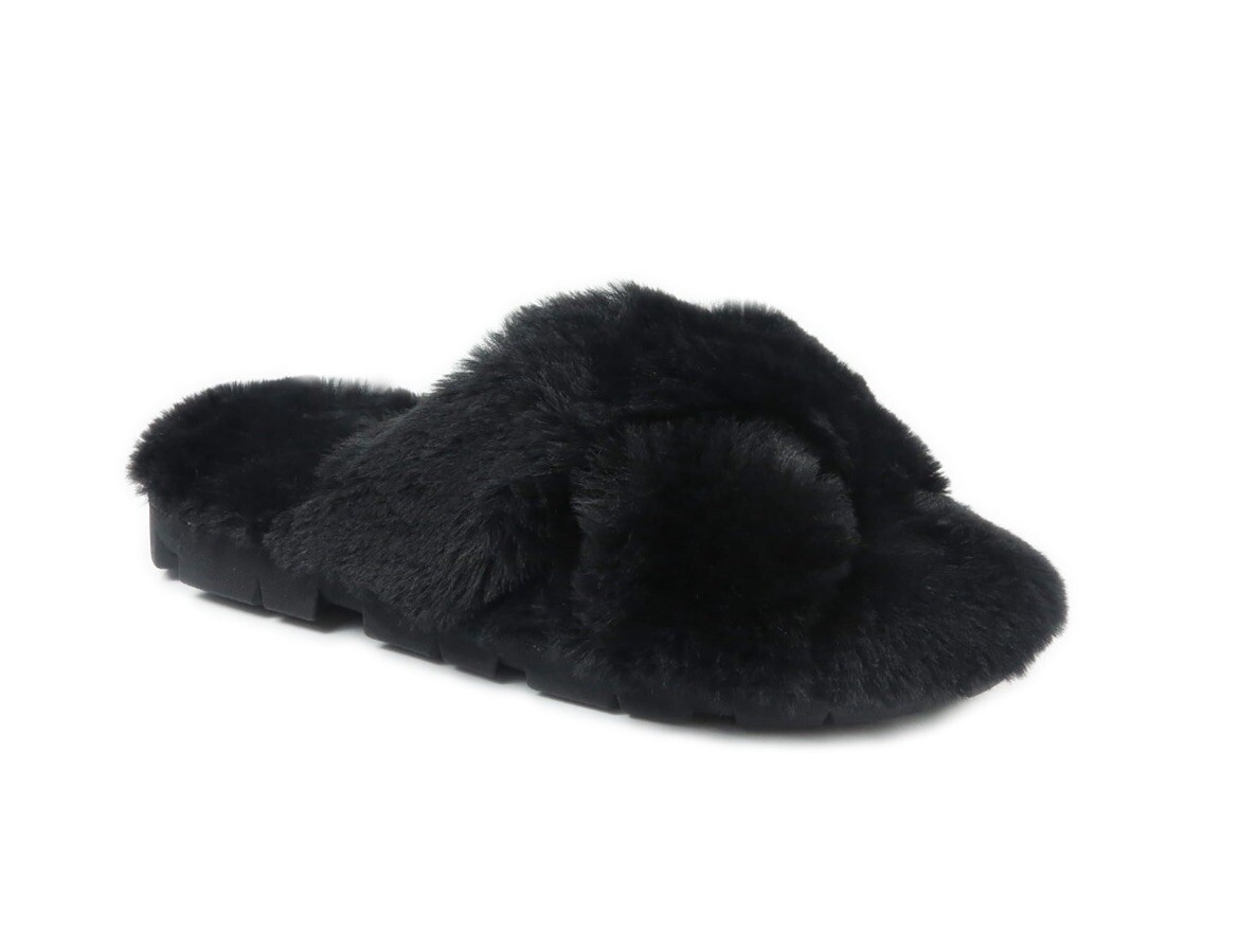 SECRET TREASURES Women’s 9-10 Lug Sole Slide Fuzzy Slippers Faux Fur • Black