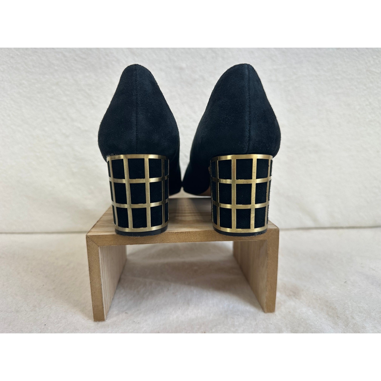 Brian Atwood Karina Black Suede Minimalist Cage-Embellished Block Heel Pump SZ 7