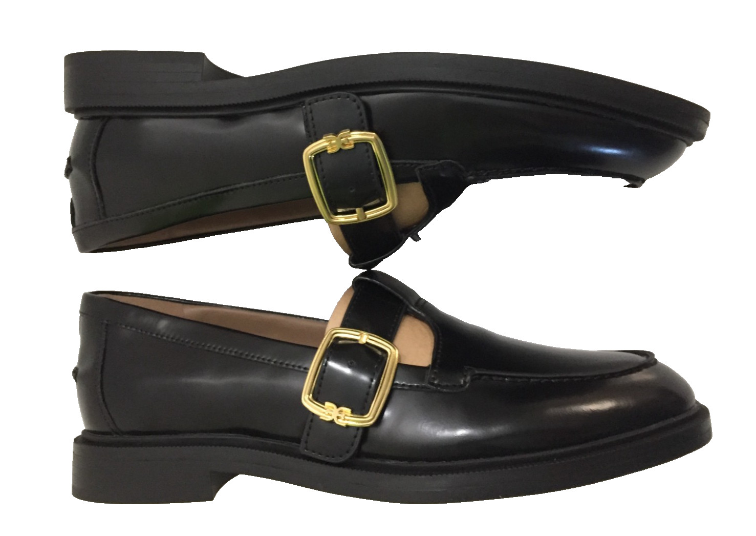 Sam Edelman Women’s Elaina Slip On Black Lea Loafers Gold buckle
