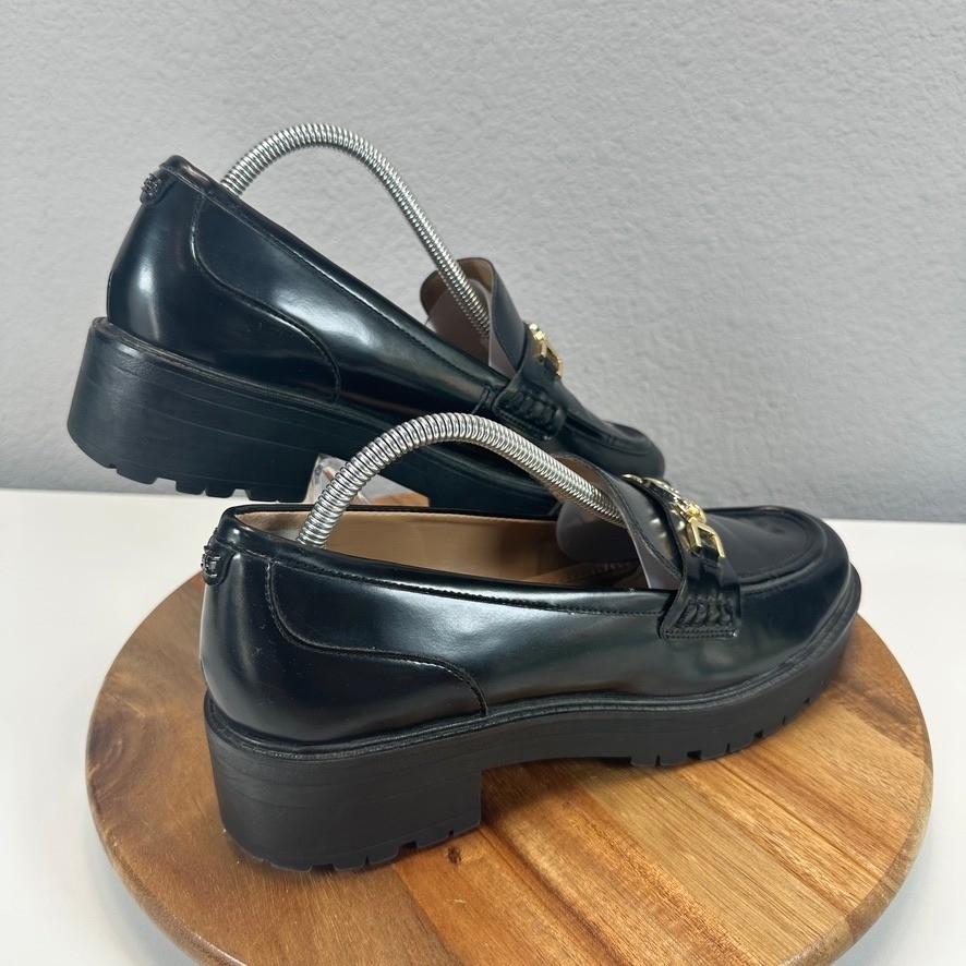 Sam Edelman Teagan Black Leather Lug Sole Loafers Gold Chain SZ 10M Preppy Retro