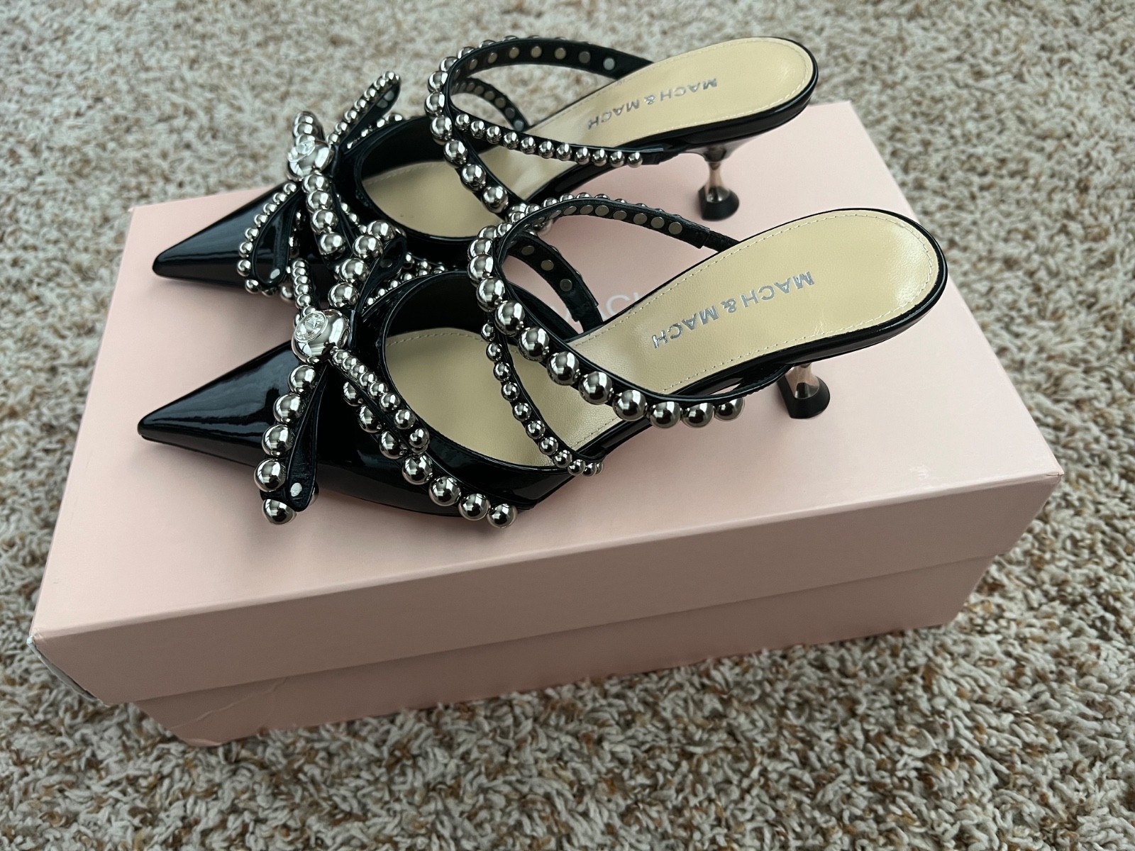 Mach & Mach Black Patent Leather Mules, Sz 37. BNIB. Stunning and Sparkly