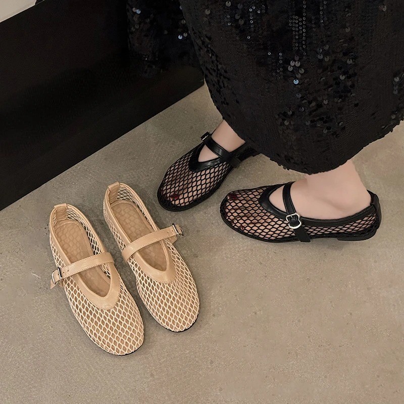Womens Mary Jane Flats Round Toe Buckle Cut Out Mesh Casual Shoes