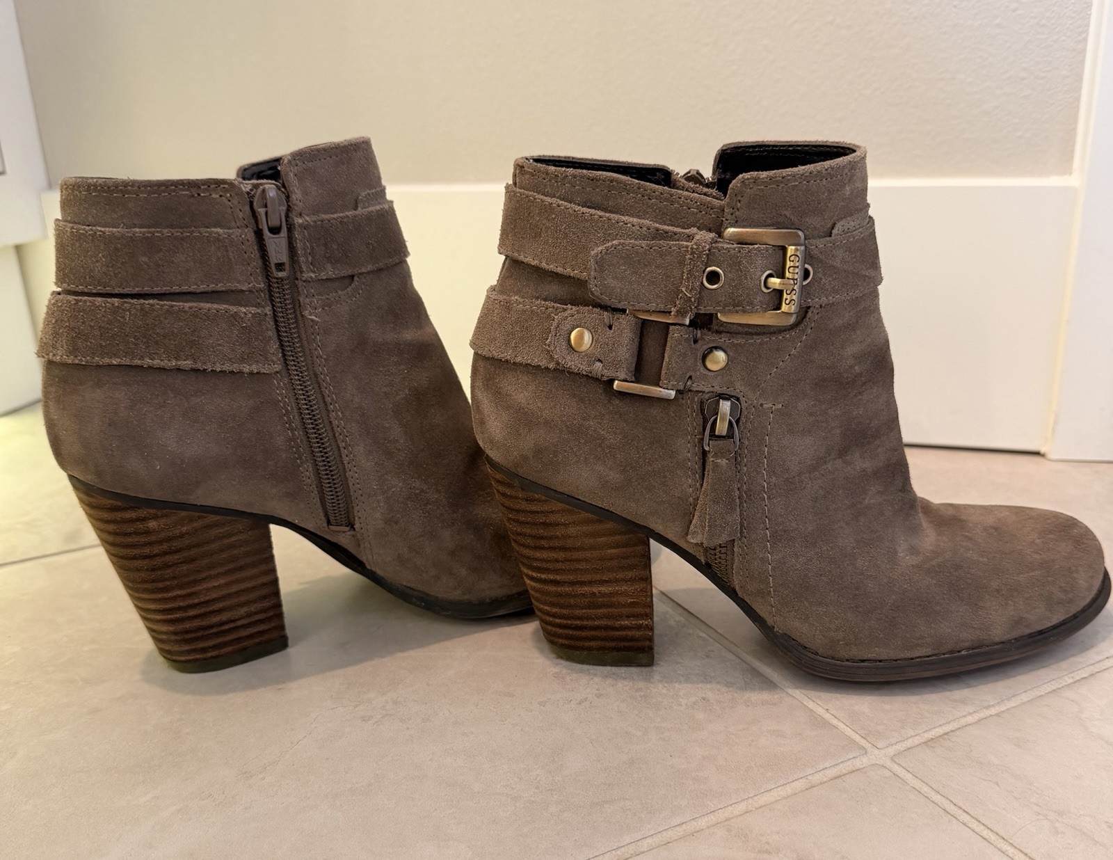 GUESS Taupe Suede Ankle Booties Buckle Zipper Strap Block Heel Round Toe