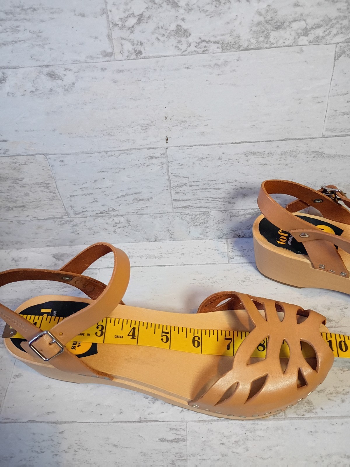 Swedish Hasbeens Wood Clogs Womens 38 Brown Leather Peep Toe Sandals Boho