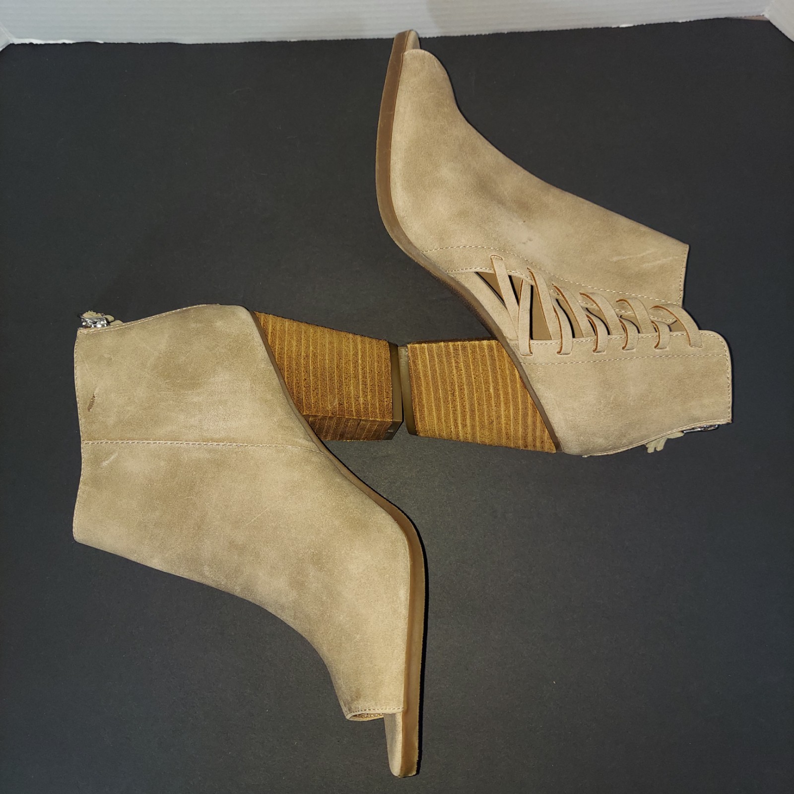 Sugar Violla Women’s Shoes Size 10 Boots Peekaboo Toe 3.25 Heel Tan Faux Suede