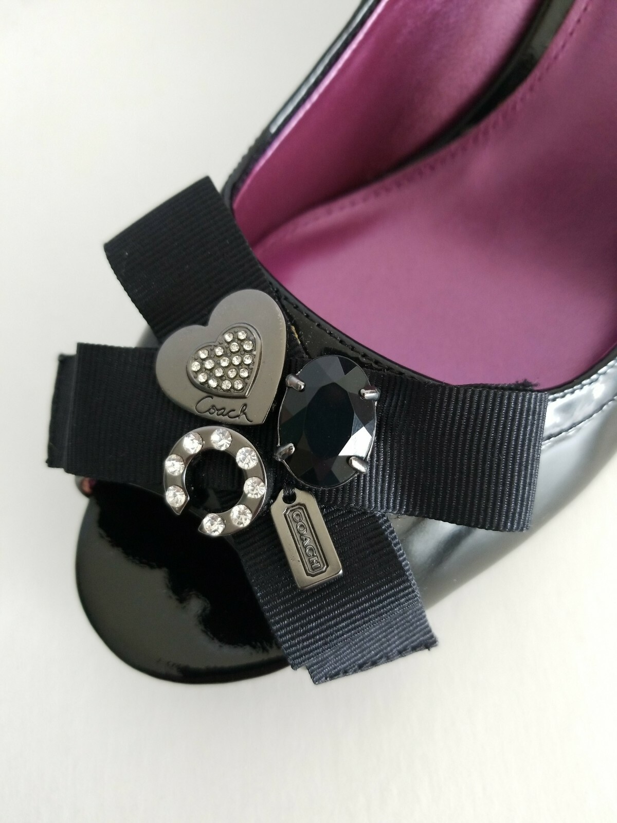 COACH JADEN BLACK PATENT BOW LOGO CHARMS PEEP TOE WEDGES 8 8.5 10 I LOVE SHOES
