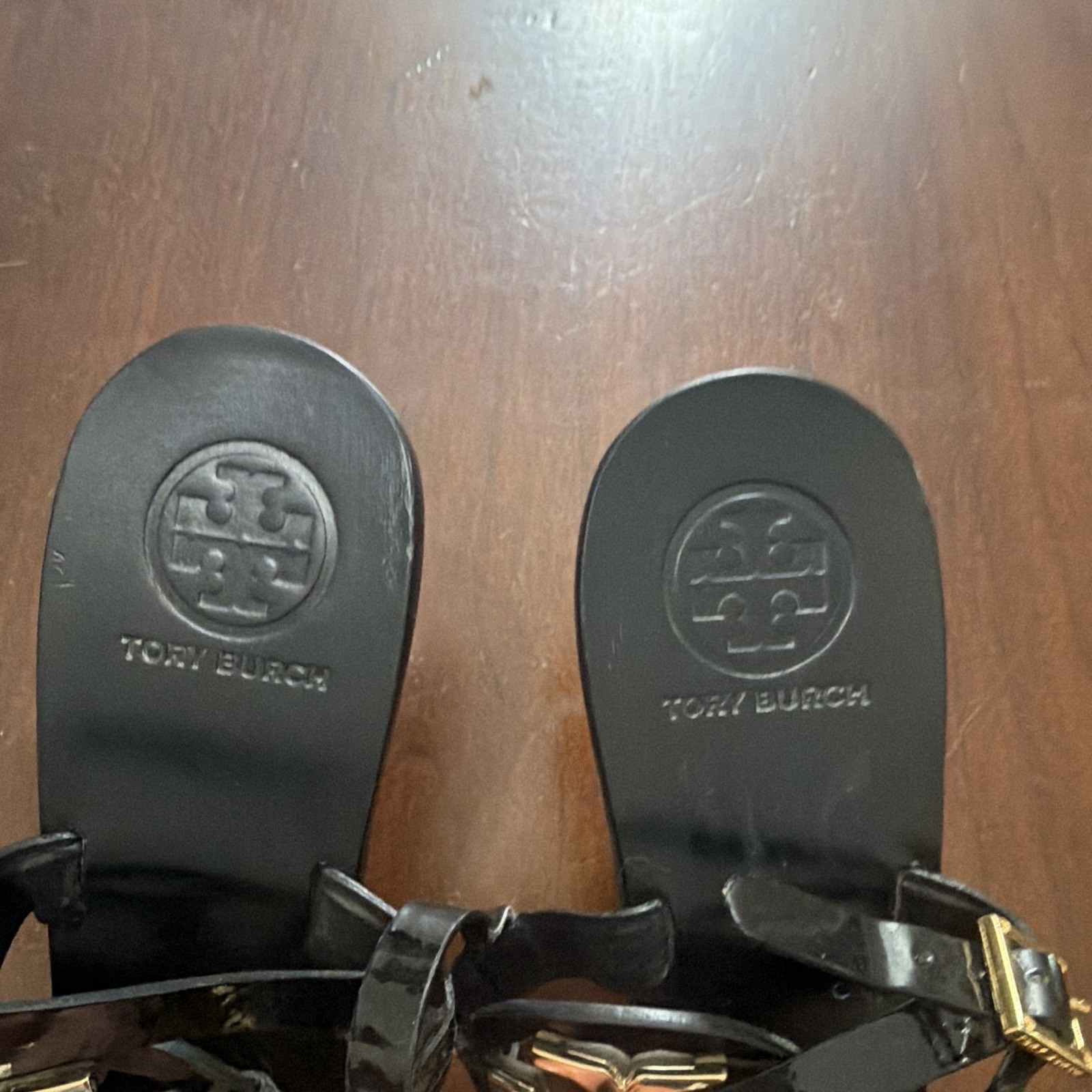 Tory Burch Women’s Black Leather Thong Slingback Sandals Buckle Gold Logo AU 8.5