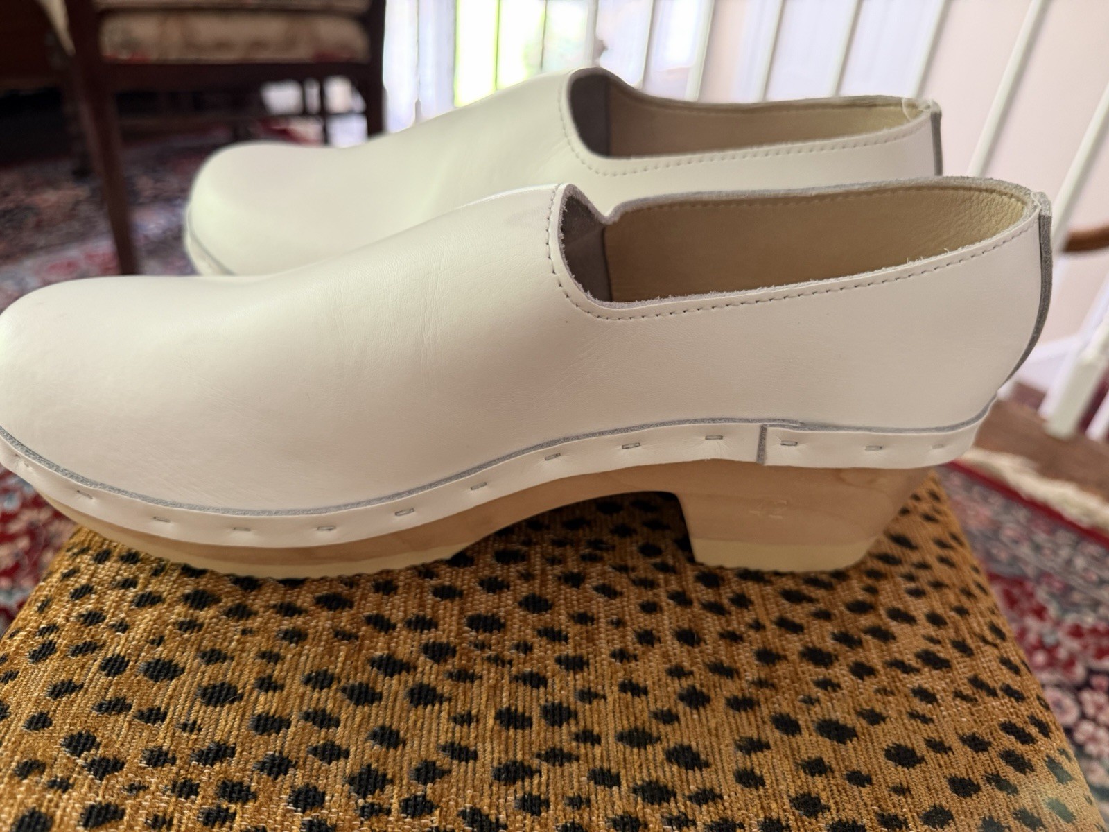 No. 6 Closed White Leather Mid Wooden Heel Clog Womens Size 43/ US 12 NWOB