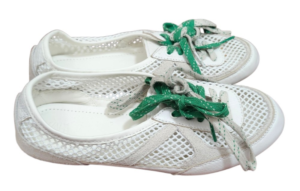 ZARA Mesh Ballet Flats White Green Lace-Up Shoes Women US 5 EU 36 Casual Summer