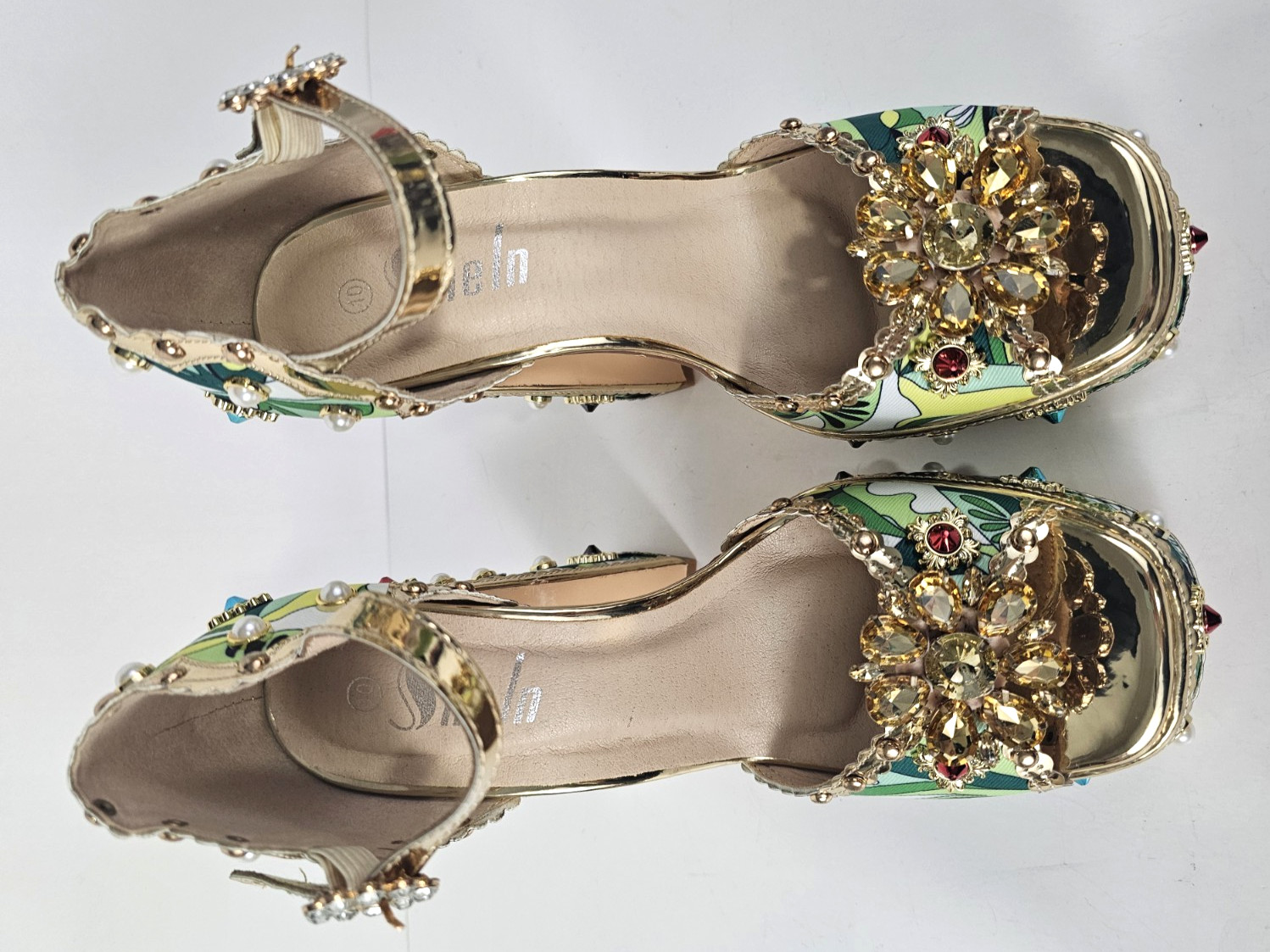 Retro 70s Style Rhinestone Pearl Embellished Platform Shoe Sandals S10 Jeweled