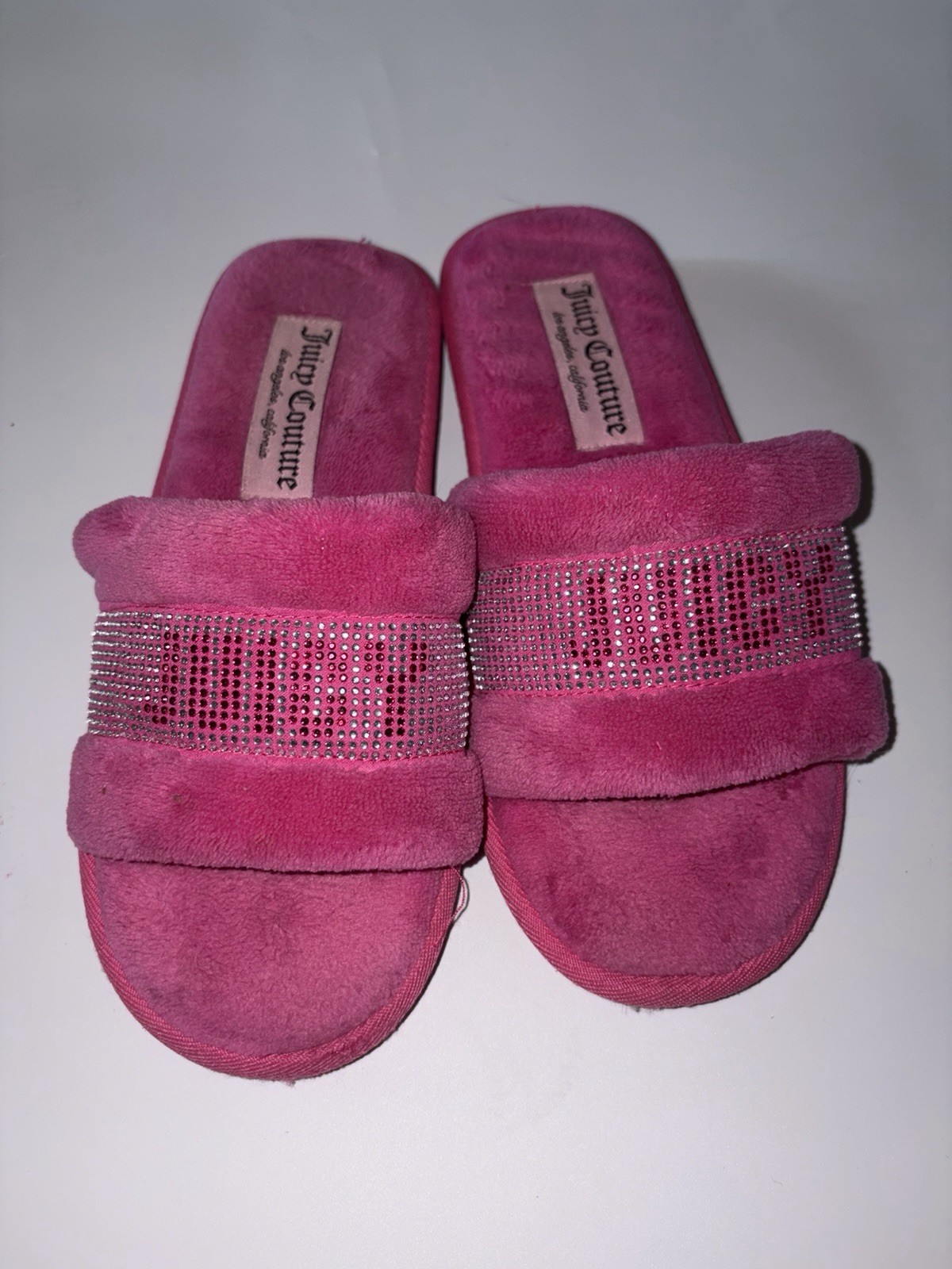 Juicy Couture, Slippers, y2k style fuzzy Hot Pink, Rhinestones, Size Small
