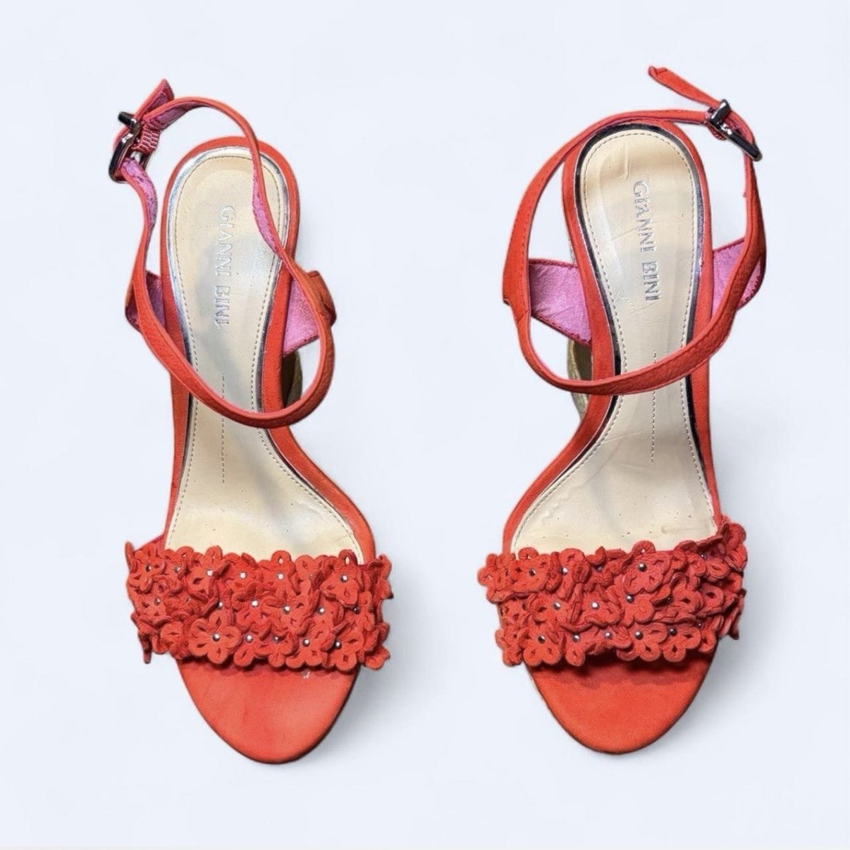 Red Floral Wedges Platform Heels 8.5 Gianni Bini Ankle Strap Suede Espadrilles
