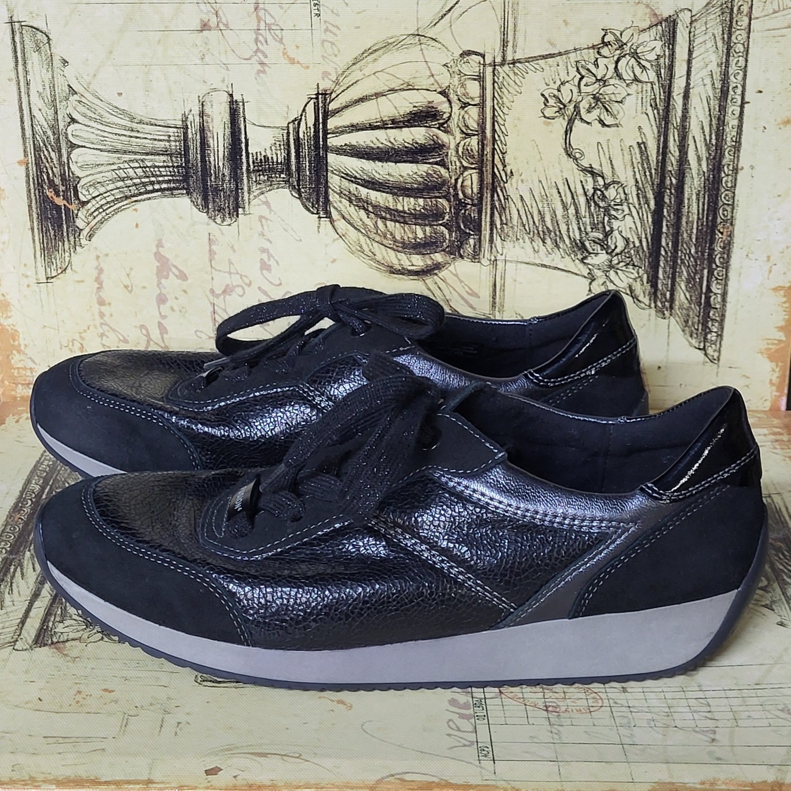 Sz 9 ARA Women’s Fusion 4 Lana’ Lace Up Sneaker Black Iron Combo Comfort Shoes