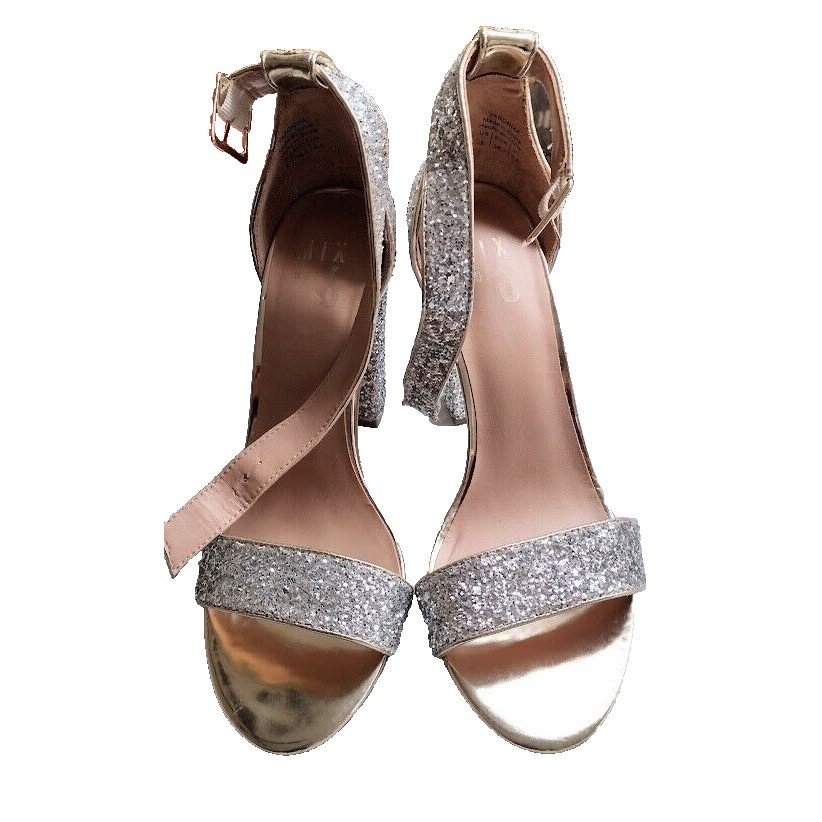 Mix No 6 Womens Glitter Block Heel Ankle Strap Sandals Gold Silver size 8