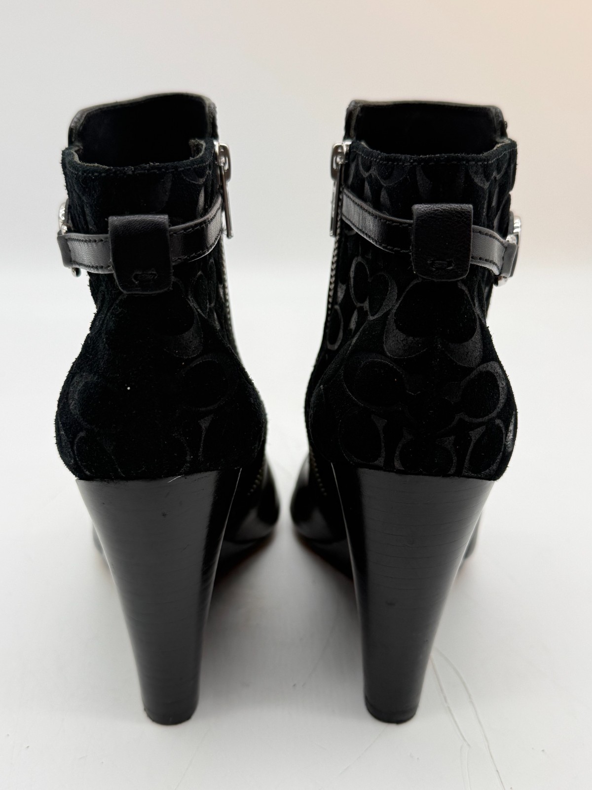 Coach Safira Black Leather Signature Heel Wedge Booties Shoes A4146 Size 9B