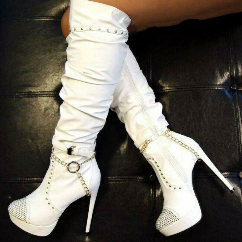 Women’s Studded Rivets Heel Stilettos Knee High Boots Clubwear Long Shoes Lady’s