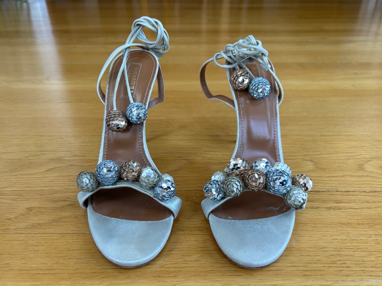 AQUAZZURA Metallic & Nude Disco Thing Suede Sequined Pom-Pom Sandals IT 39 Good