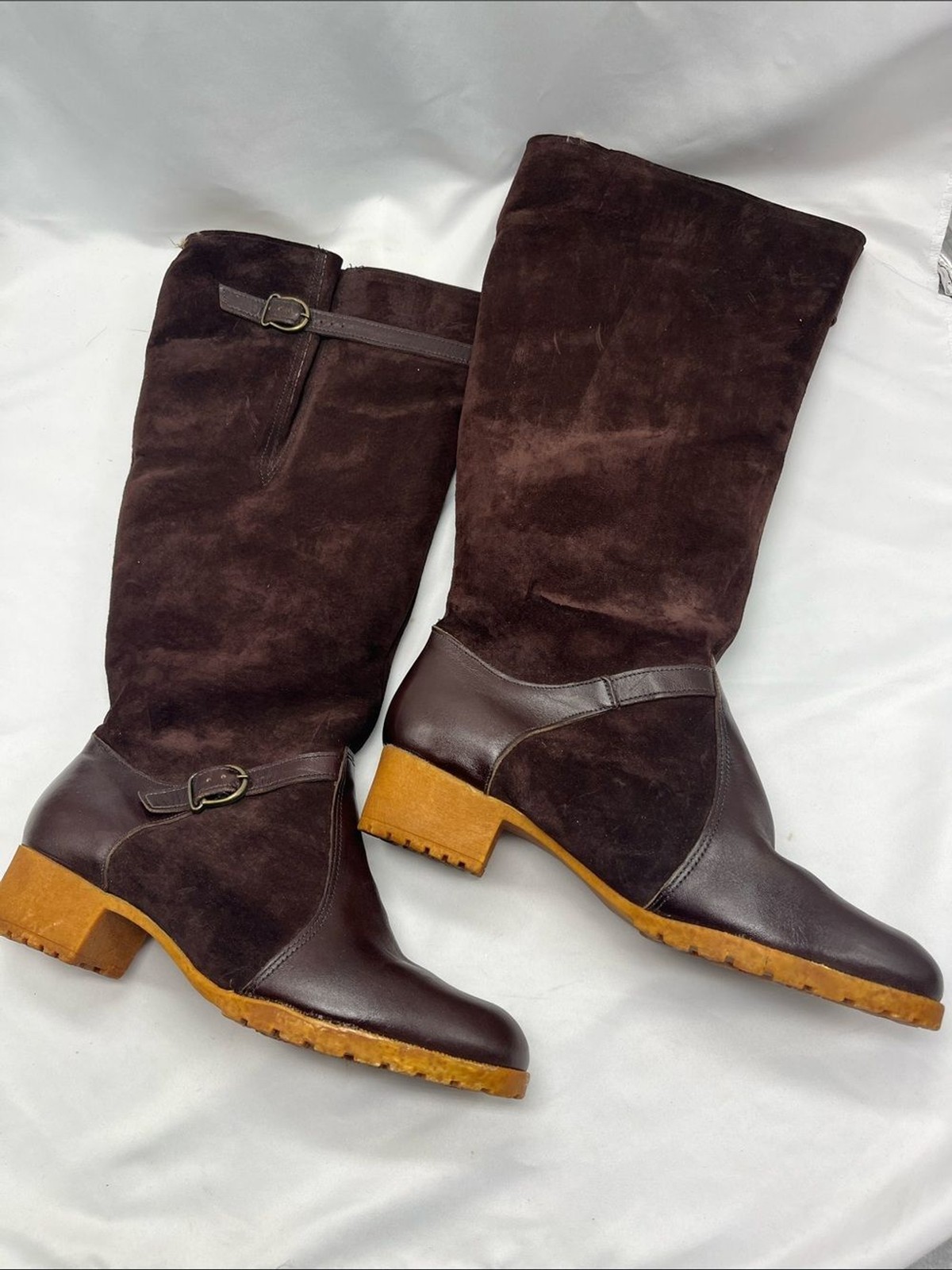 Vintage 1960s Hush Puppies Brown Suede Knee High Boots with Buckle