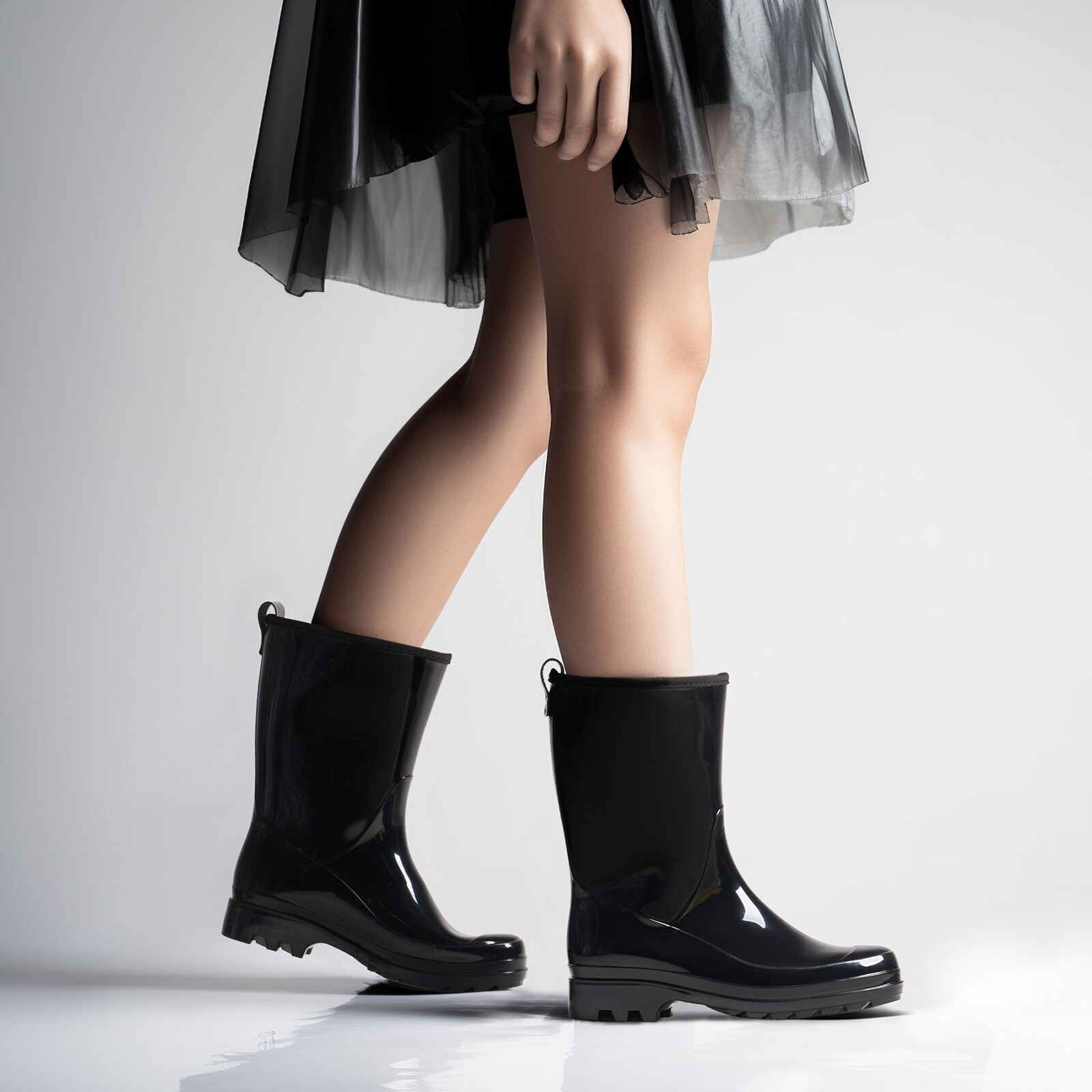 HISEA Women Waterproof Rain Boots Glossy Mid-Calf Wellies Non-Slip Garden Shoes
