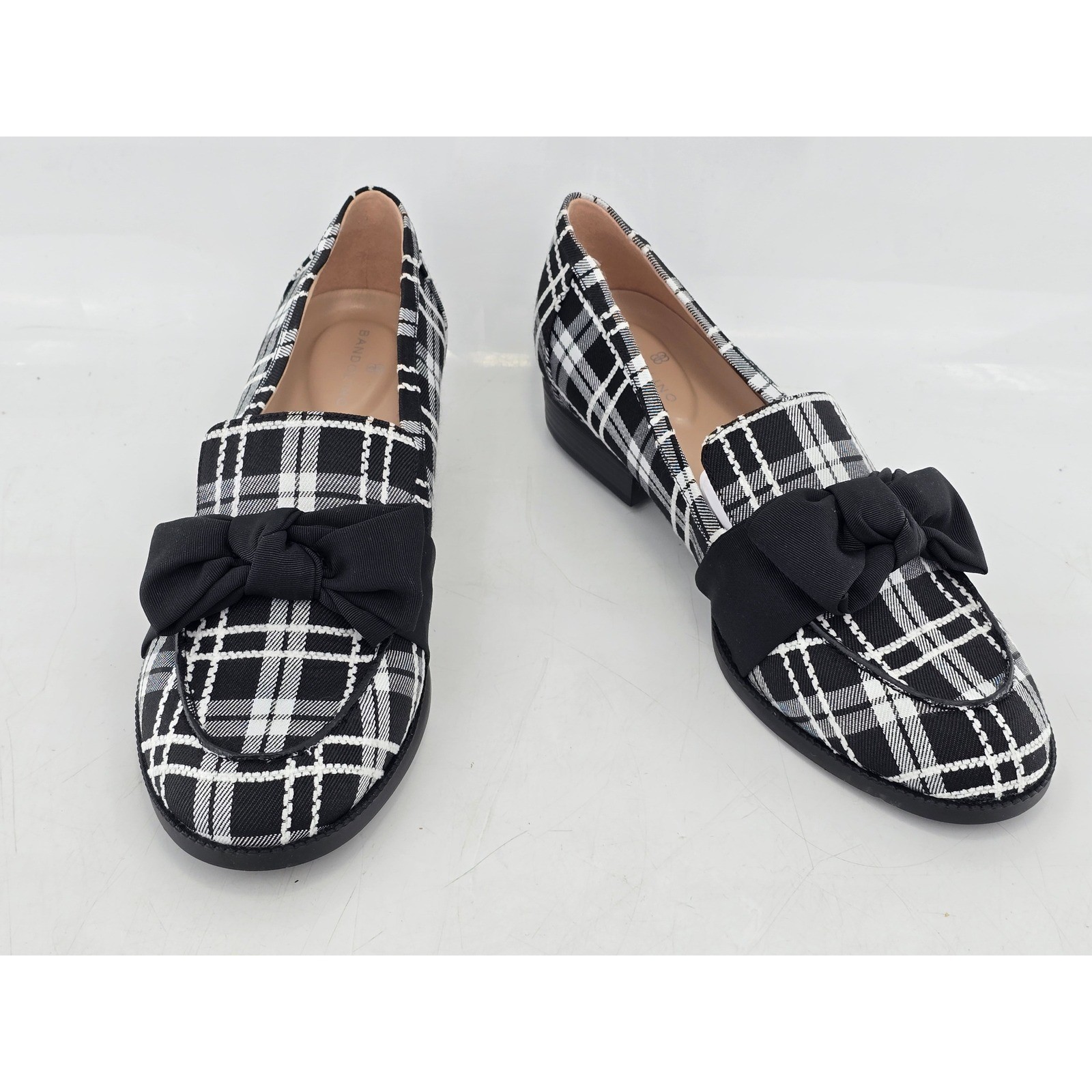 Bandolino Lindio Loafers Womens 9M Black White Plaid Bow Slip On Shoes -VGF