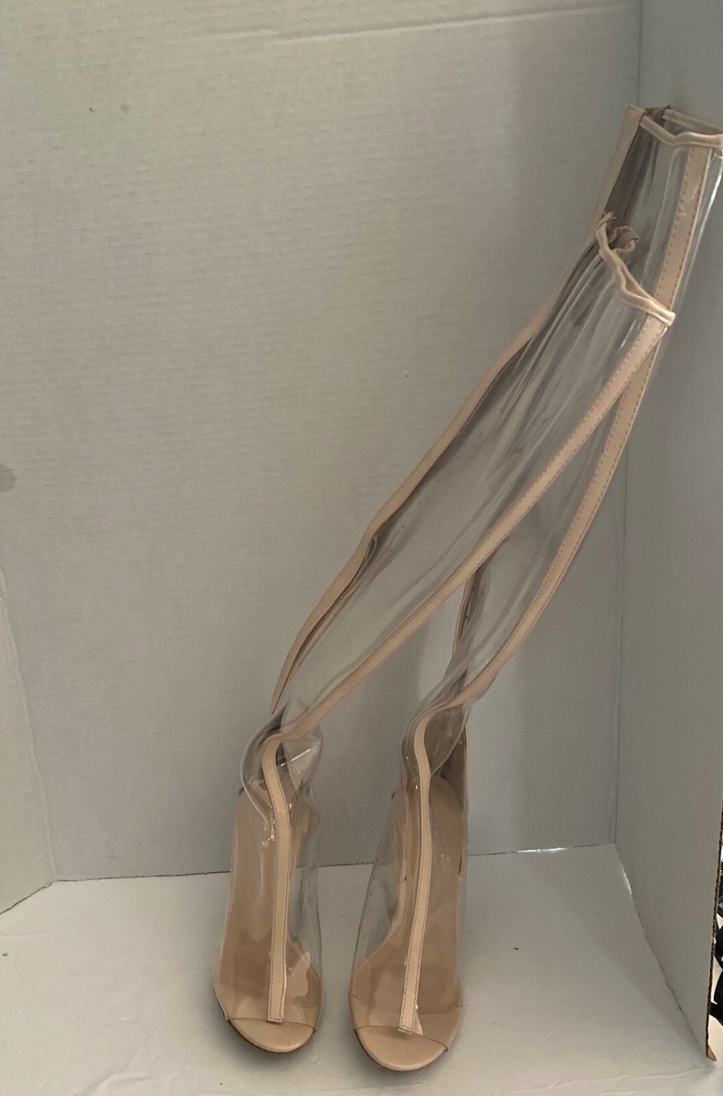 QUPID NUDE/ CLEAR PVC PEEP TOE KNEE HIGH BOOTS ( SZ: 6.5)