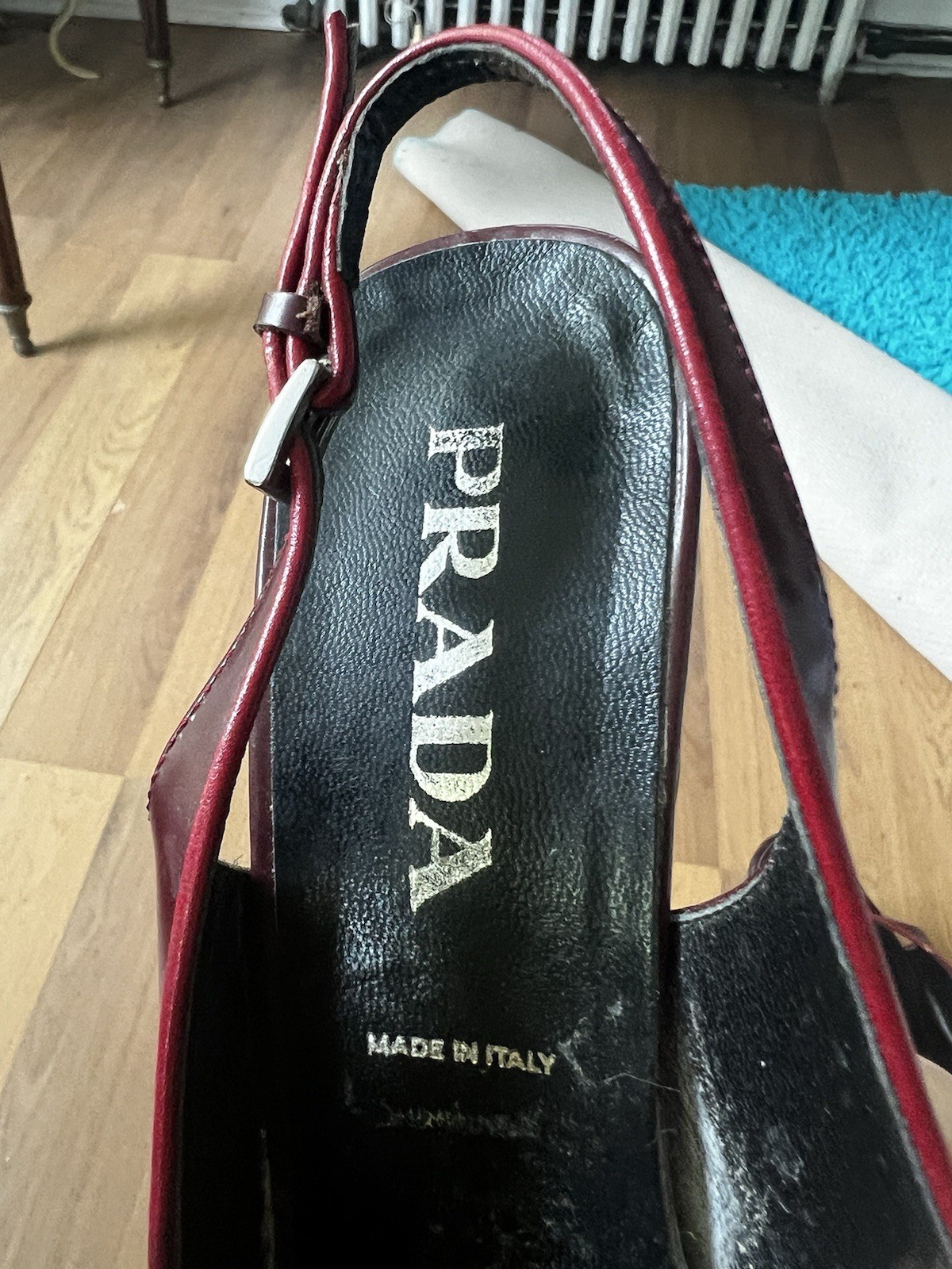 PRADA Burgundy Leather Round Toe Slingback Buckle Block Heel Pumps EU 39.5