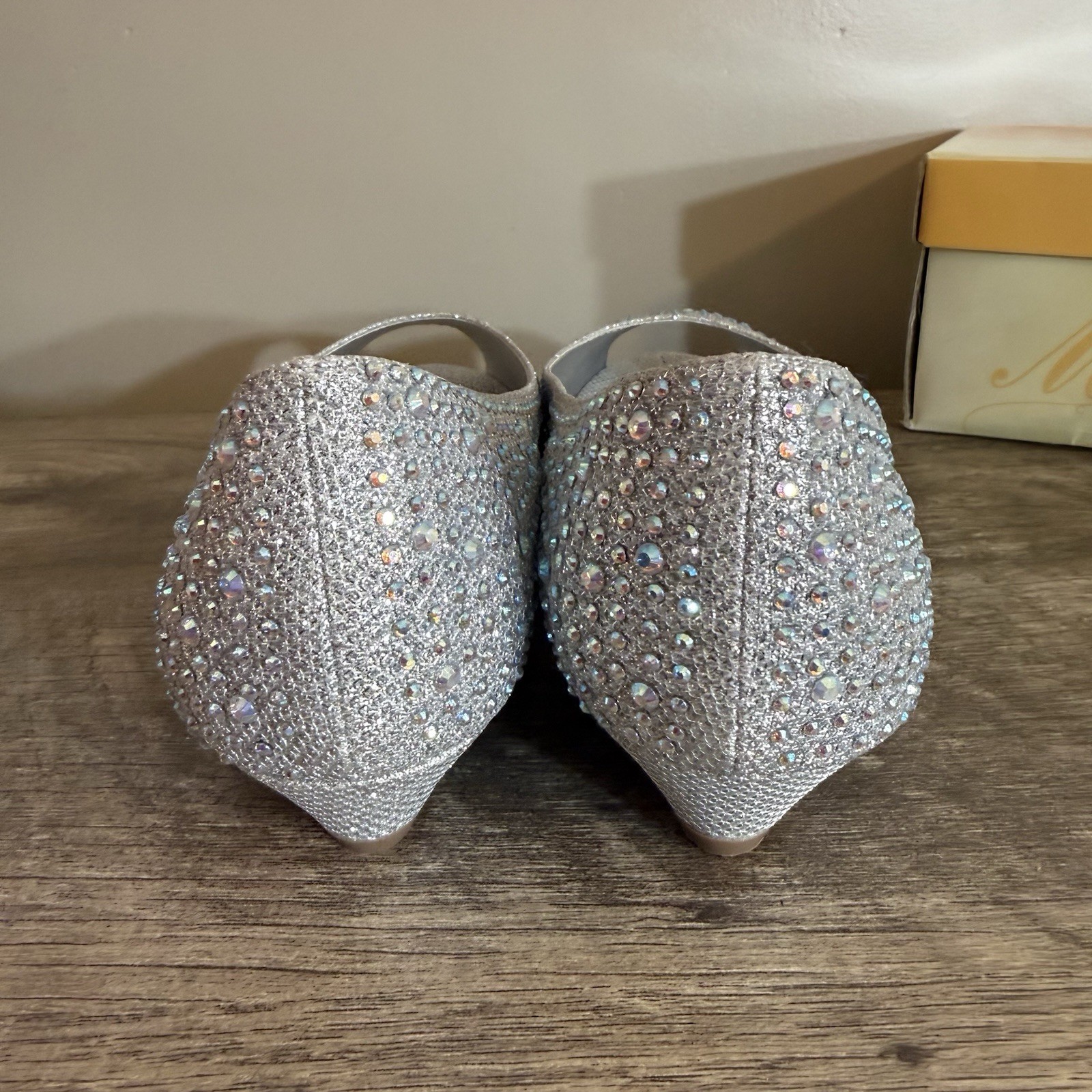 Michaelangelo David’s Bridal Silver Rhinestone Wedge Peep Toe Dress Shoes Sz 11