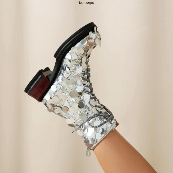 Bling Bling Sequins Ankle Boots Low Cuban Heel Round Toe Women’s Lace Up Shoes