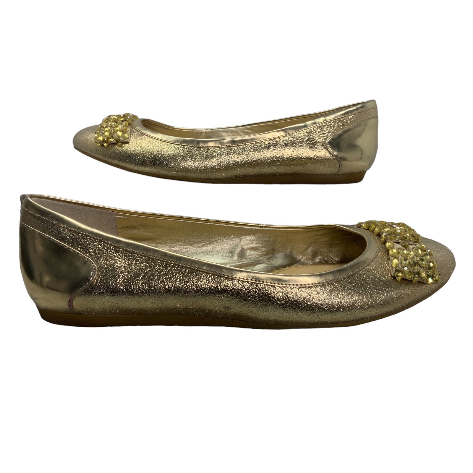 Gianni Bini Size 9.5M Gold Formal Ballet Flat Bow Leather Upper Pointed Toe