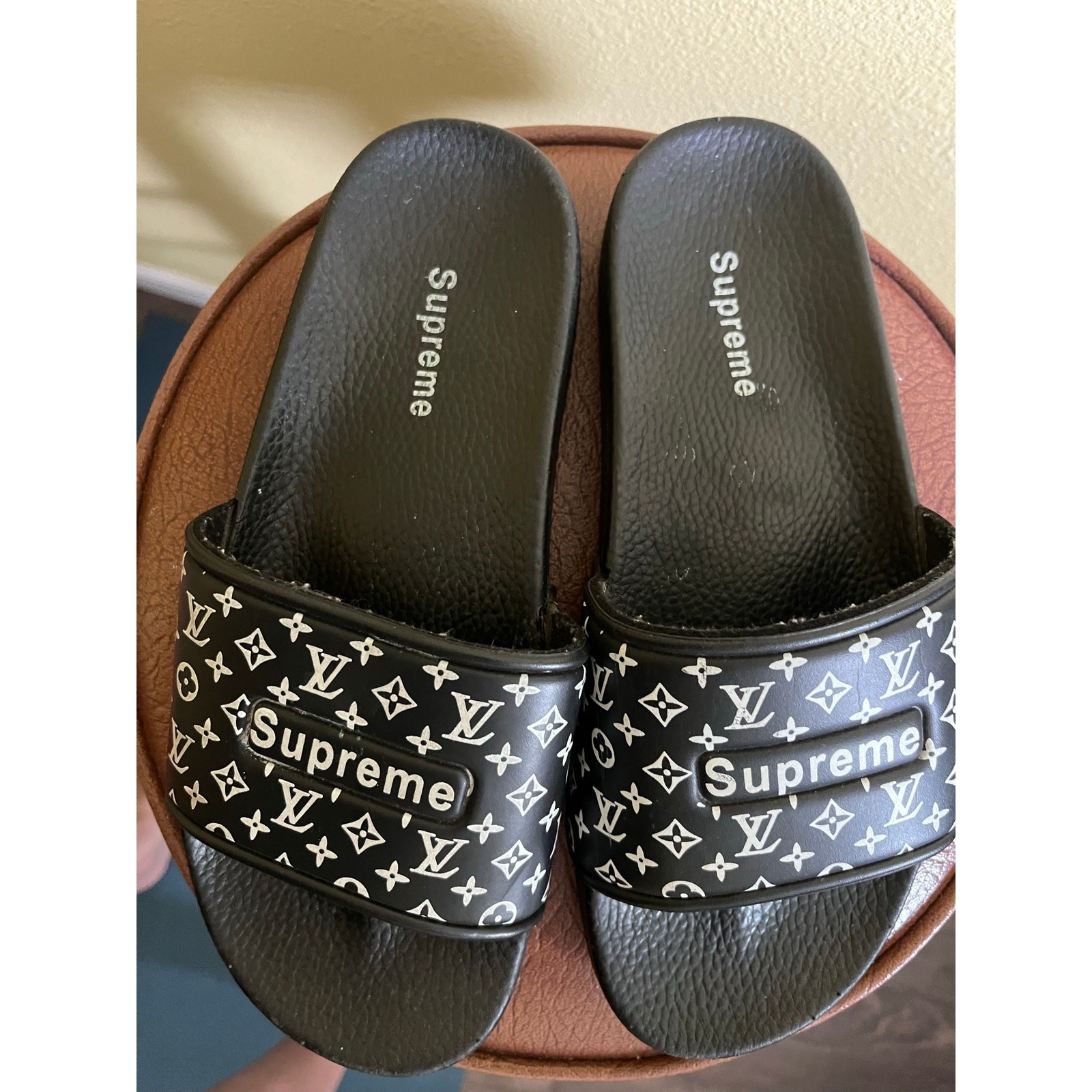 Louis Vuitton x Supreme Black Monogram Slides Sandals, Size 8/40