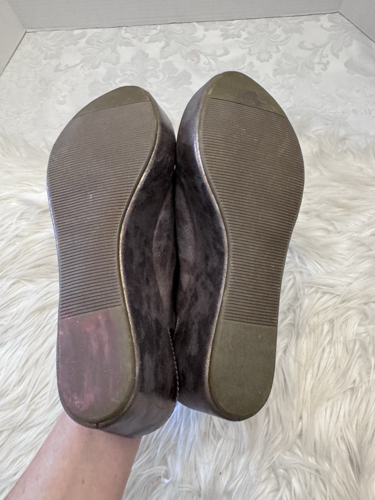 Corkys Sz 11 College Pewter Metallic Wrapped Wedge Comfort Shoe Peep Toe Sandal