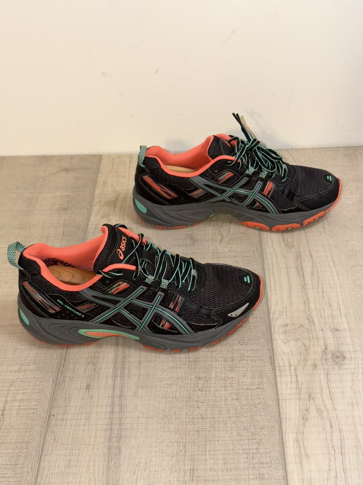 Asics Gel Venture 5 Black Mint Coral Trail Running Shoes T5N8N Women’s Sz 8
