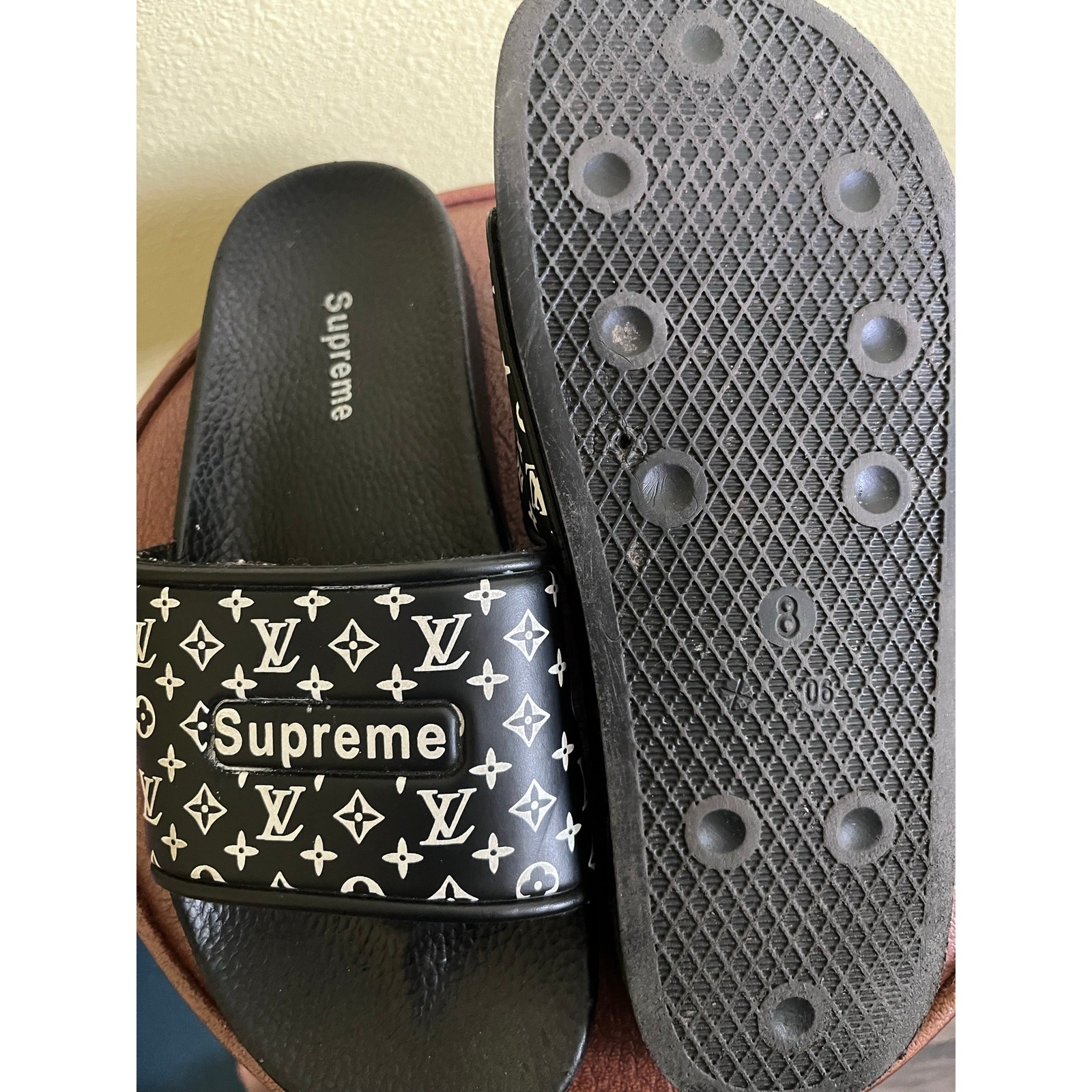 Louis Vuitton x Supreme Black Monogram Slides Sandals, Size 8/40