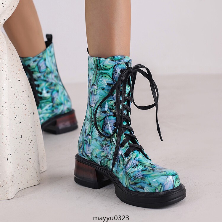 Women’s Mid Cuban Heel Ankle Boots Knight Printed Casual Lace Up Winter Shoes