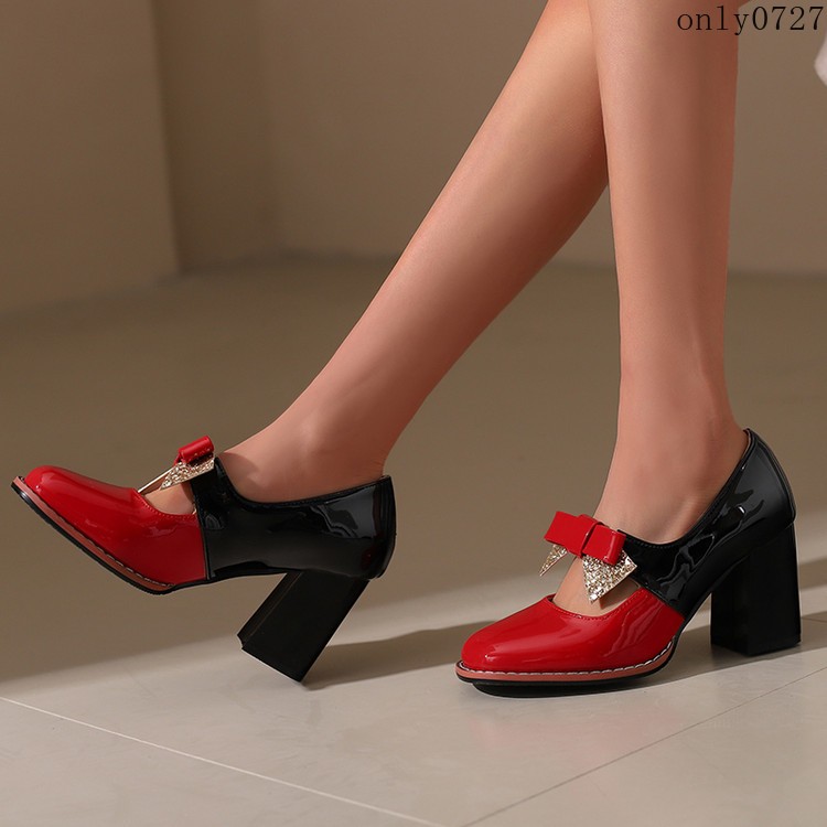 Women’s Colorblock Shiny Faux Leather Bowknot Sequins High Block Heel Shoes Plus