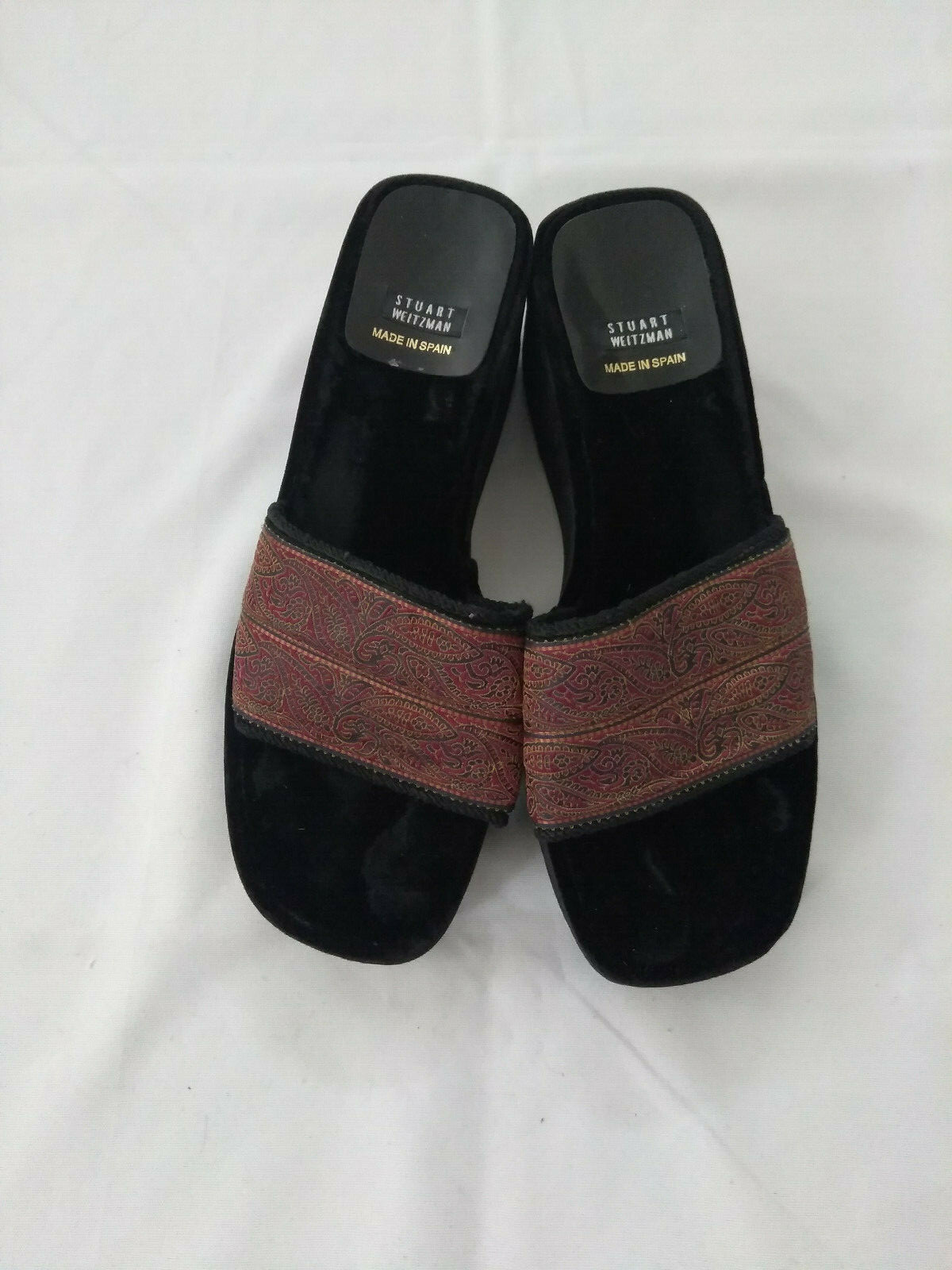 Stuart Weitzman Black Red Paisley Velvet Textile Upper Slides Sandals sz 8 M