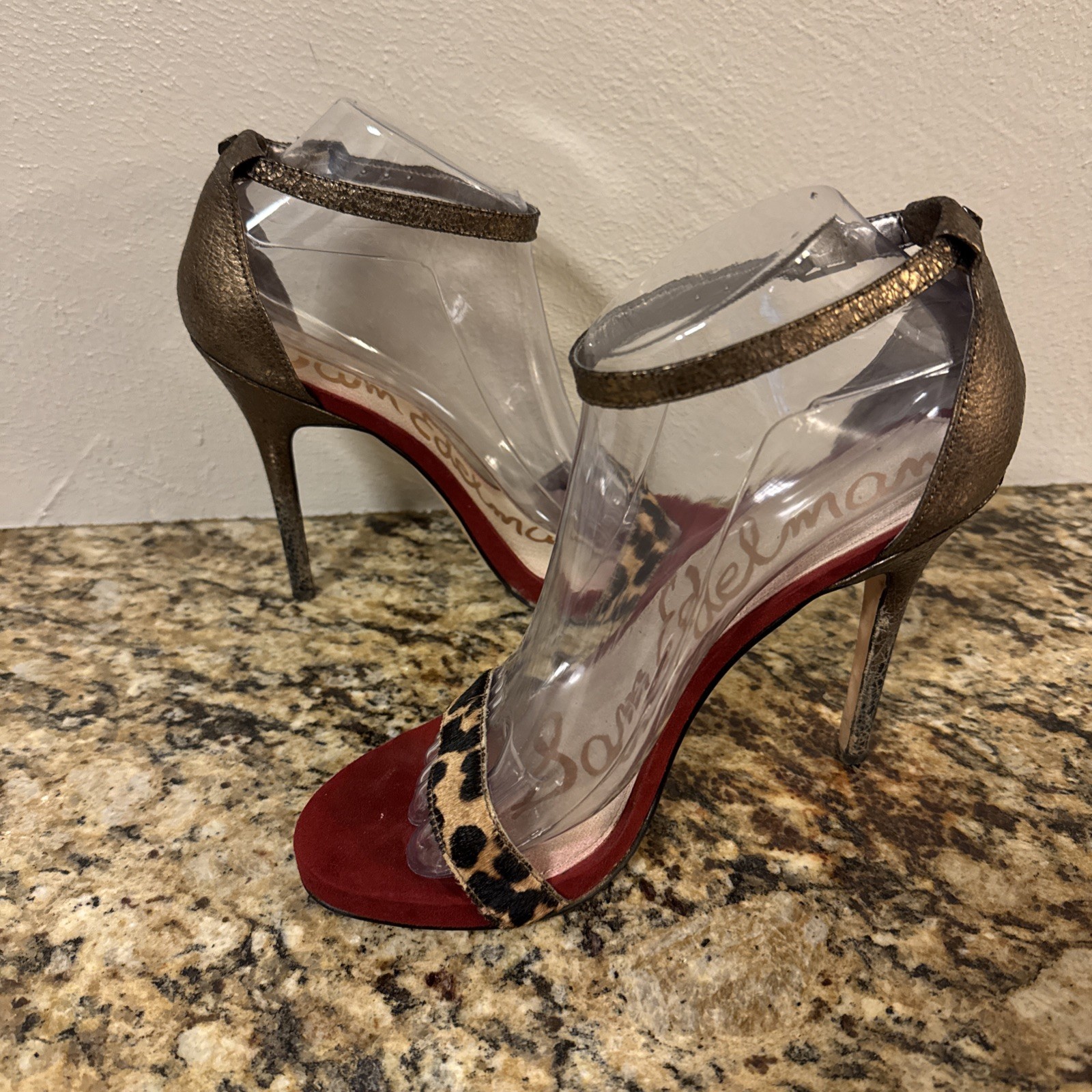 Sam Edelman Eleanor Animal Print Size 8 M Red Gold Ankle Strap Heels Shoes