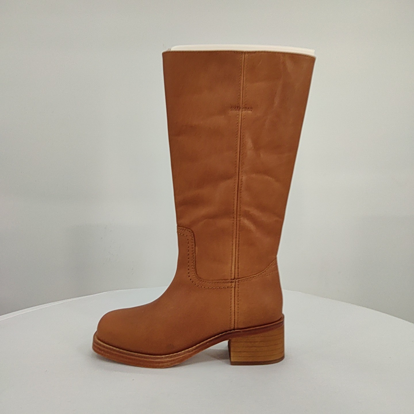 Quince Women Italian Leather Block Heel Boot Chestnut Shoes 7