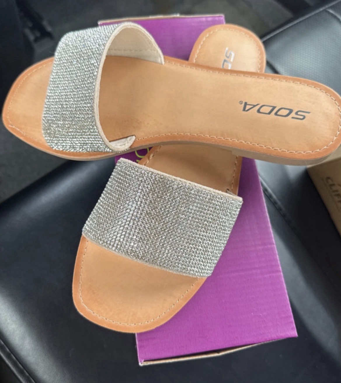 SODA Women’s Slide Sandals Slip-On Glitter Straps Flat Solid Silver/Tan