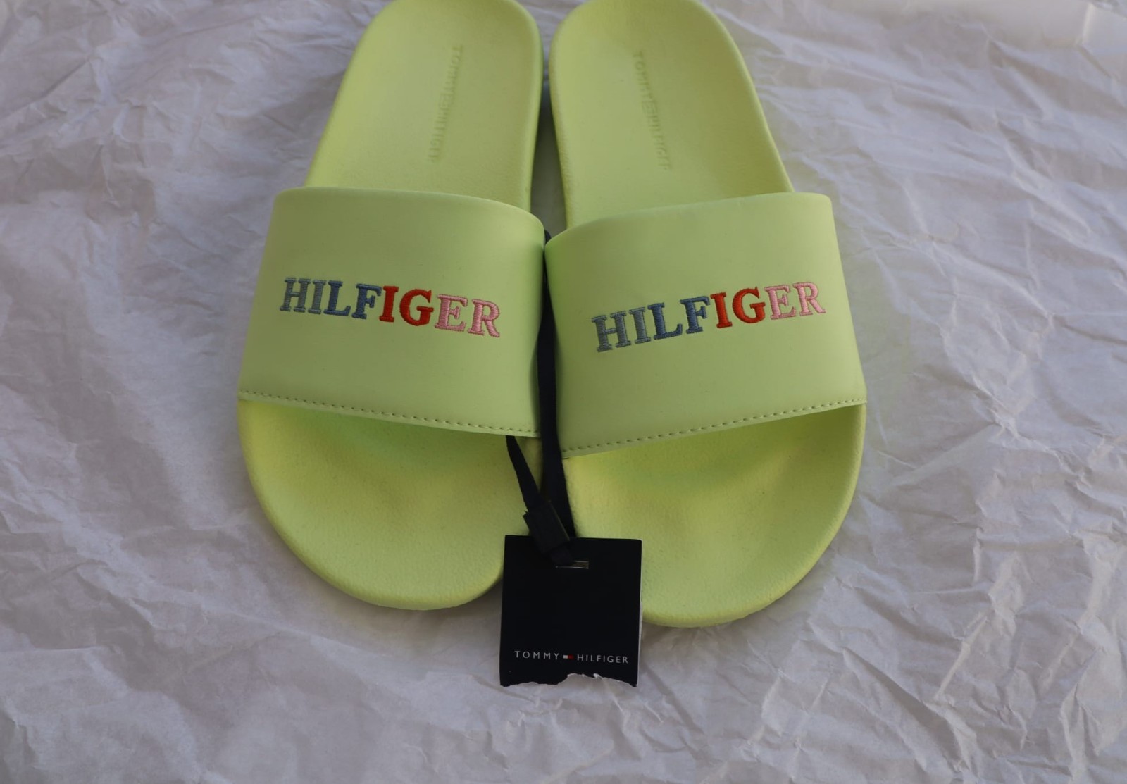 New Tommy Hilfiger Pool Slide Sandals Lime Green Logo Unisex EU 41 US 8