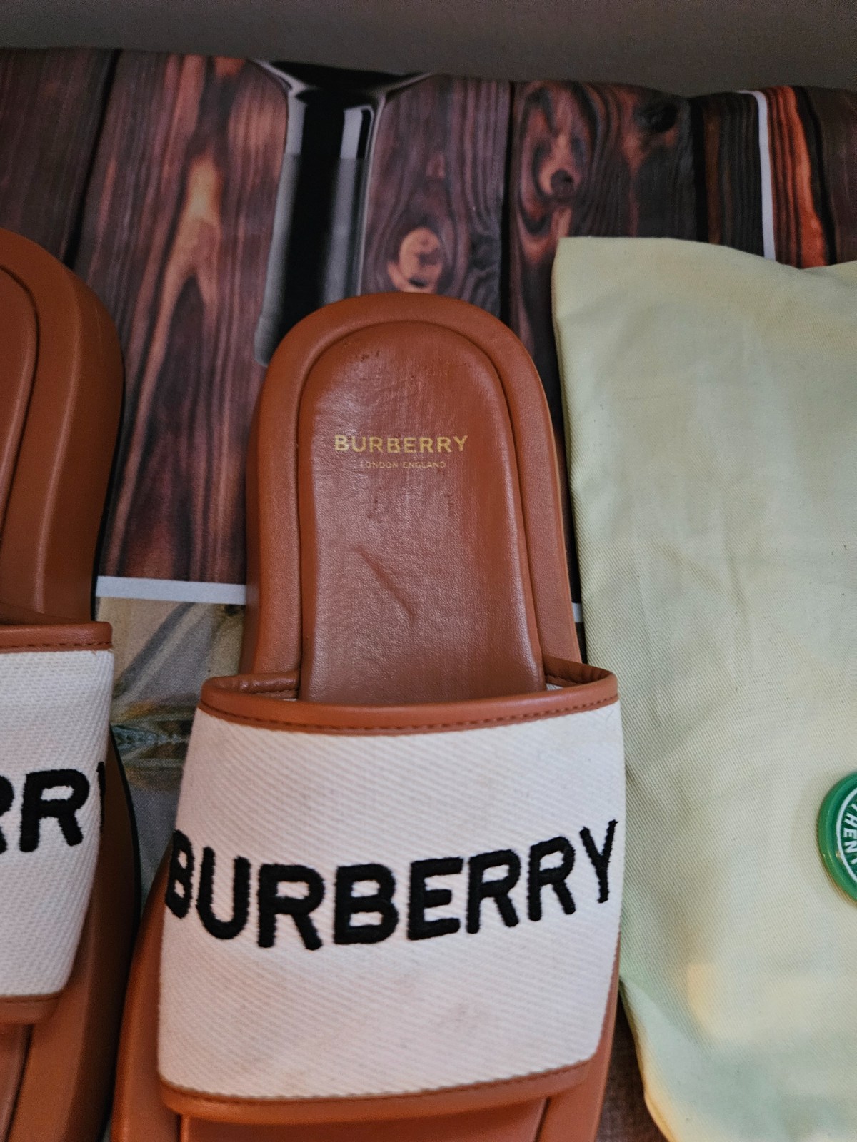 Burberry Bucking Brown Logo Slides In Canvas & Leather Sz 11 (Original Box}