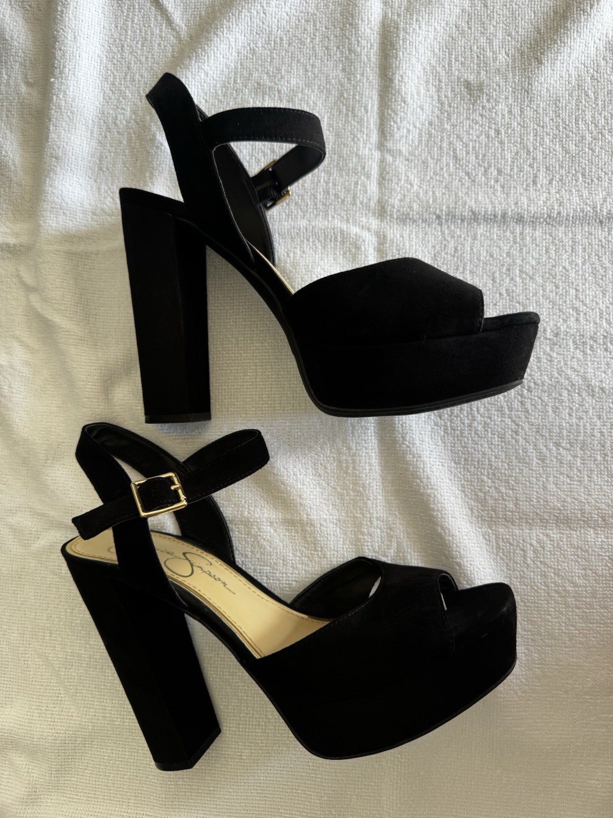 Jessica Simpson Black Open-ToeAnkle Strap Heels with GoldBuckle Size 8.5