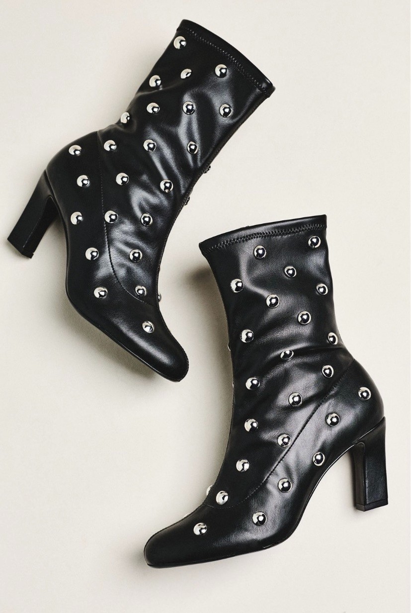 Anthropologie Maeve Studded Stretch Ankle Boots Black Silver Studs 37/ 6-6.5 NIB