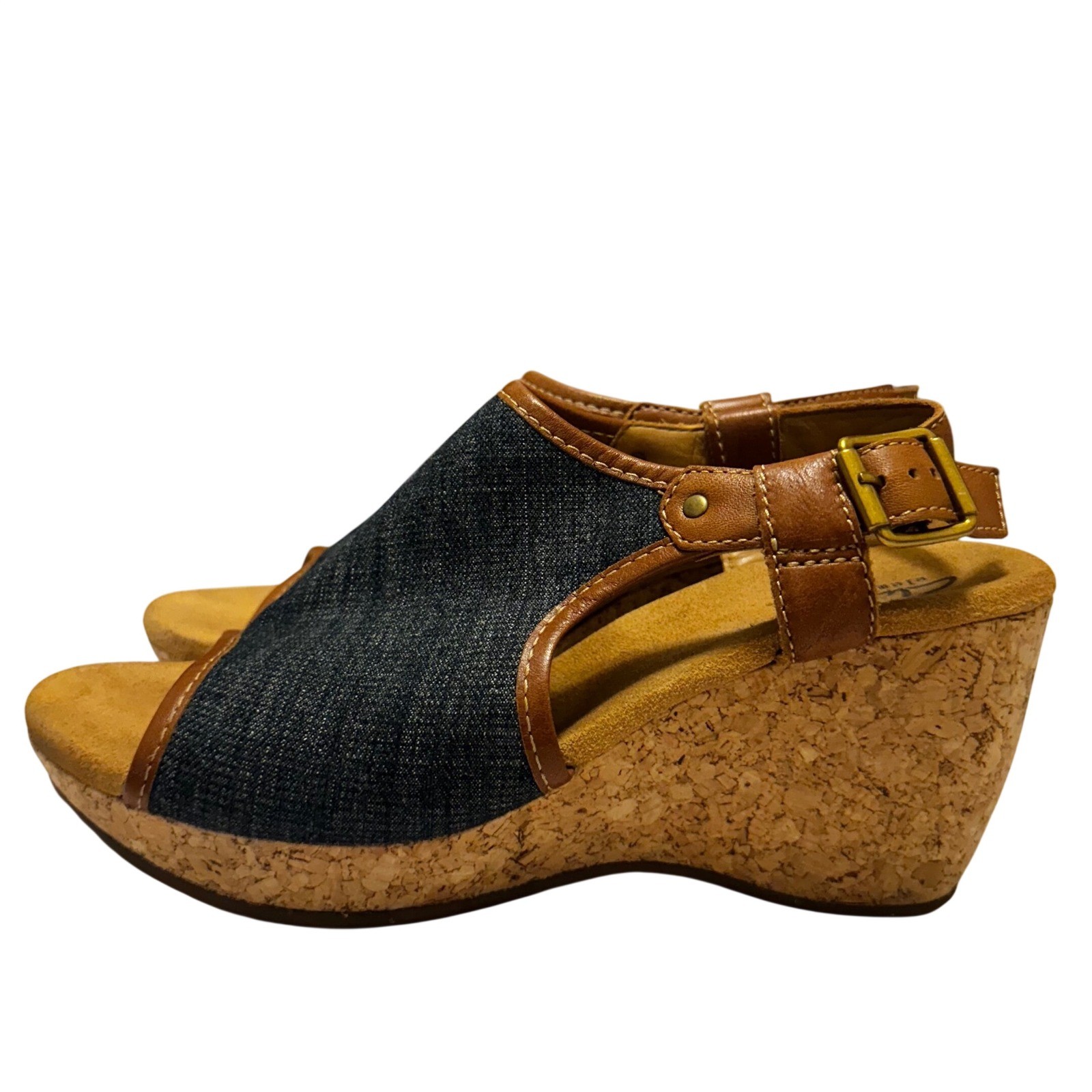 Clarks Elements Denim Leather Cork Wedge Sandals Brown Blue 9M 87669