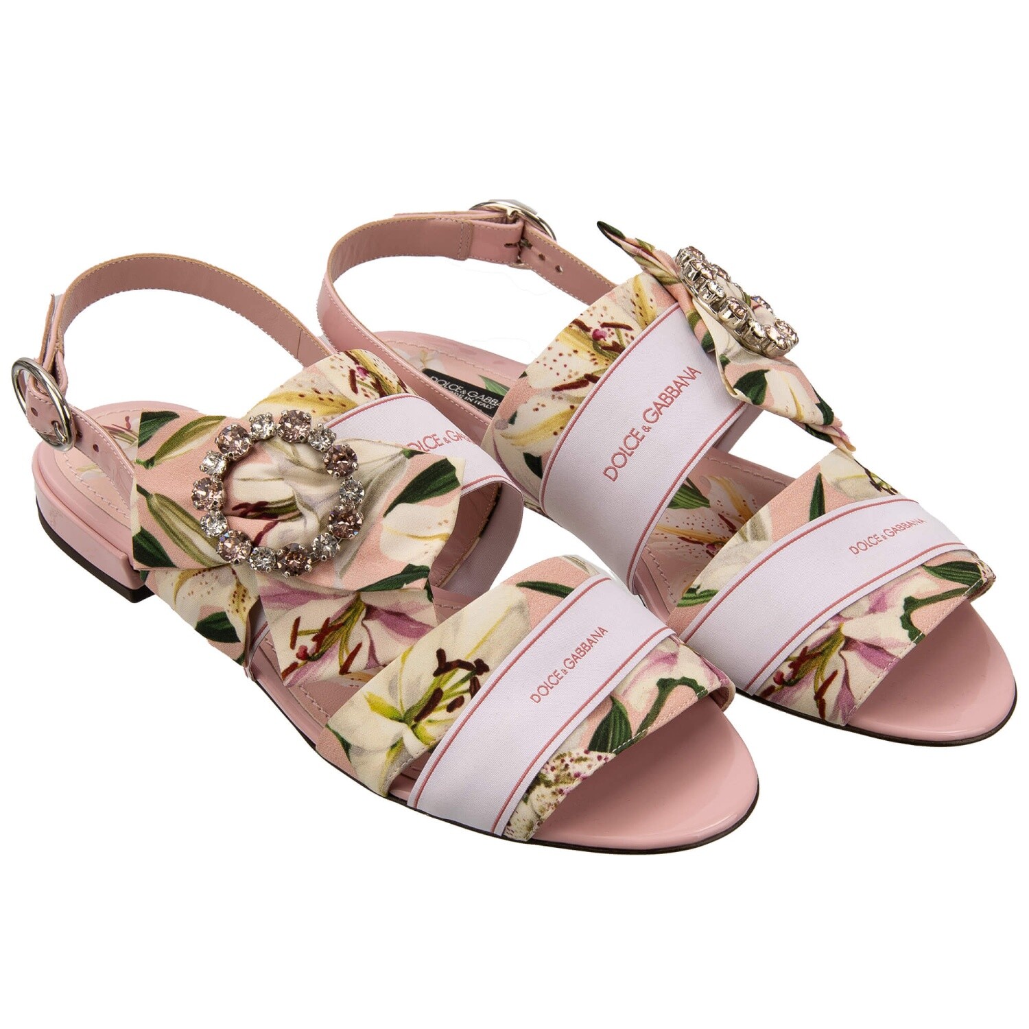 DOLCE & GABBANA DG Logo Crystal Bow Brooch Lily Sandals Shoes BIANCA Pink 13392